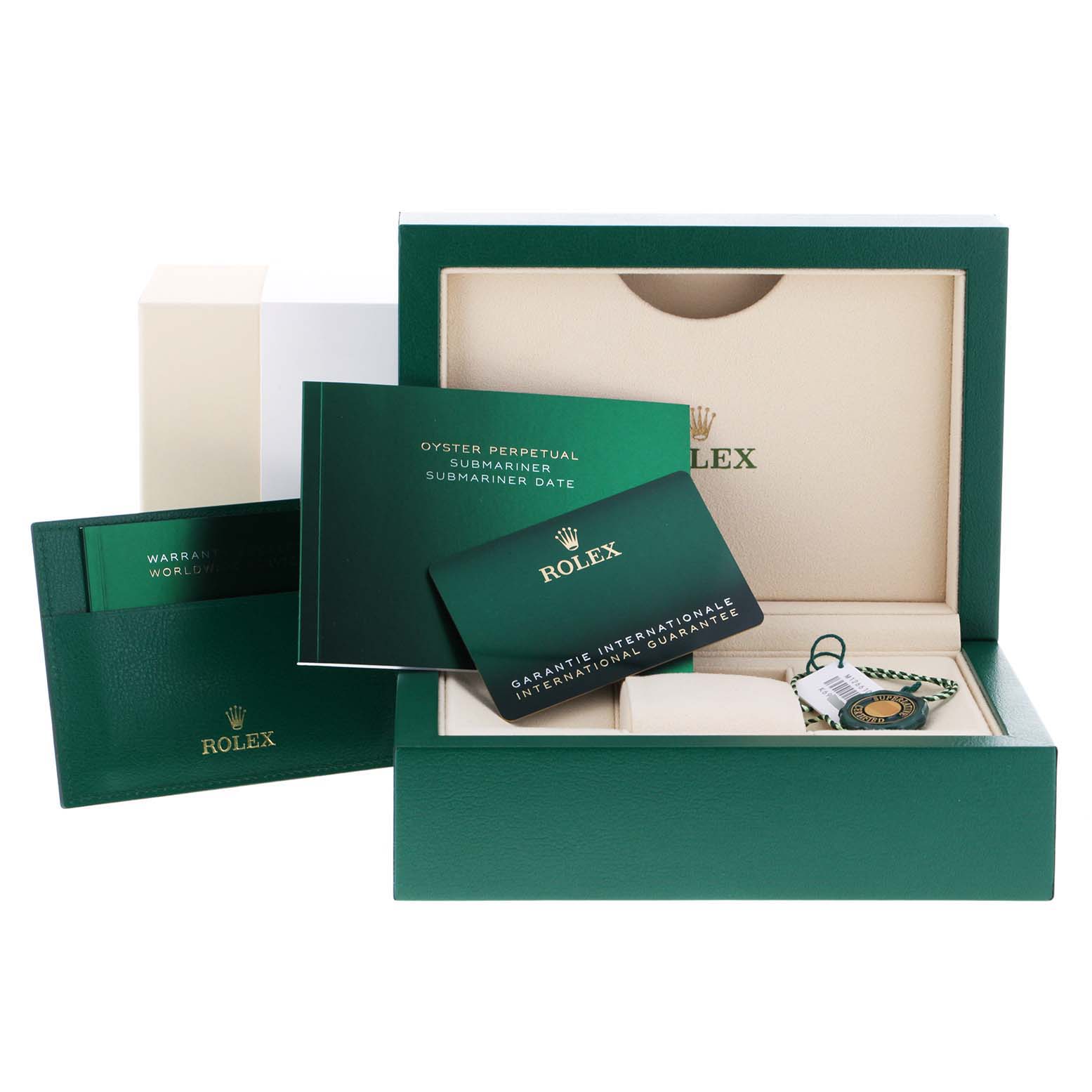 The image shows the packaging, warranty card, and accessories for a Rolex Submariner 126610LV Men
s Stainless Steel Black Dial 126610LV Men
s Stainless Steel Black Dial watch.