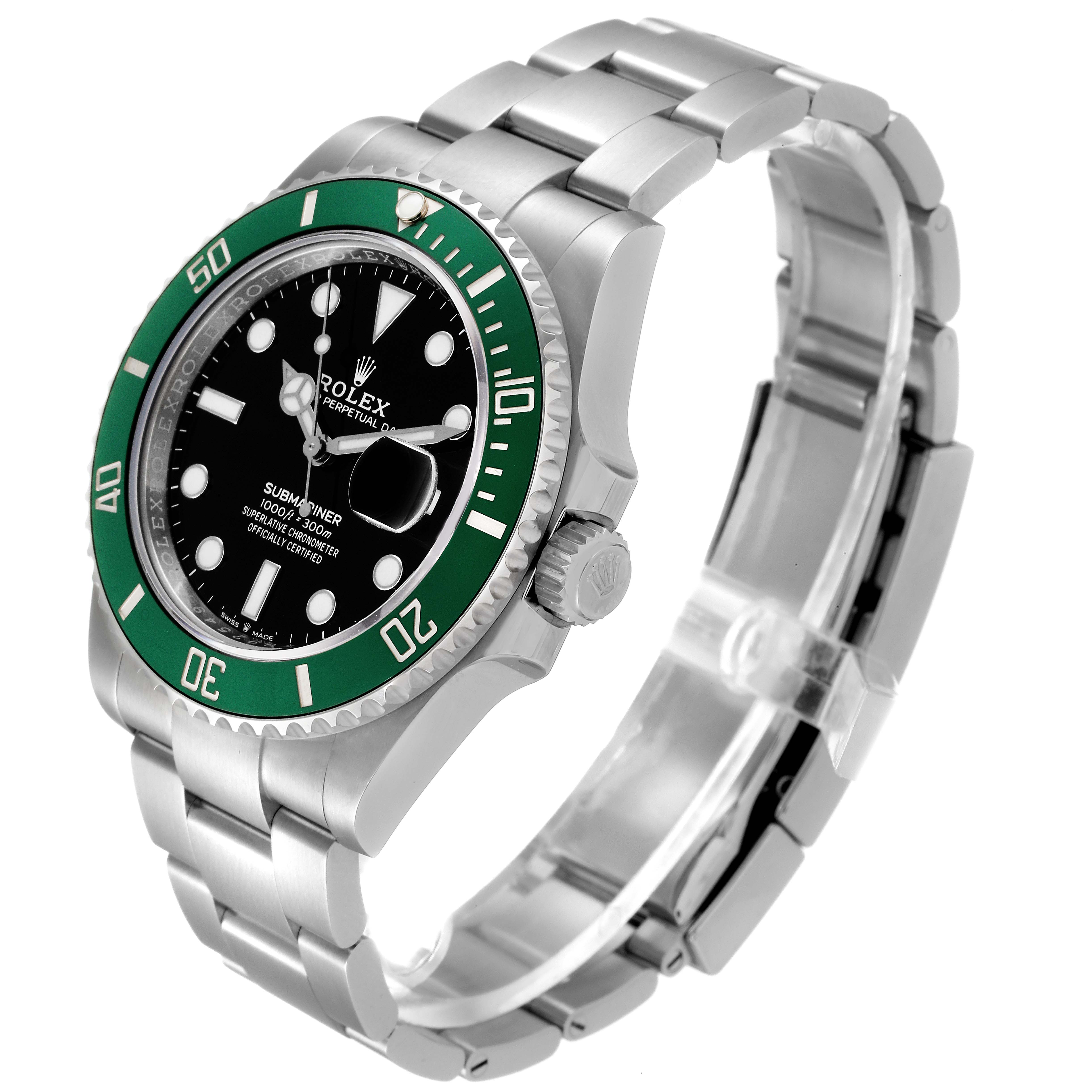 The image shows a Rolex Submariner 126610LV Men
s Stainless Steel Black Dial 126610LV Men
s Stainless Steel Black Dial watch at a slanted angle, highlighting the bezel, dial, crown, and bracelet.