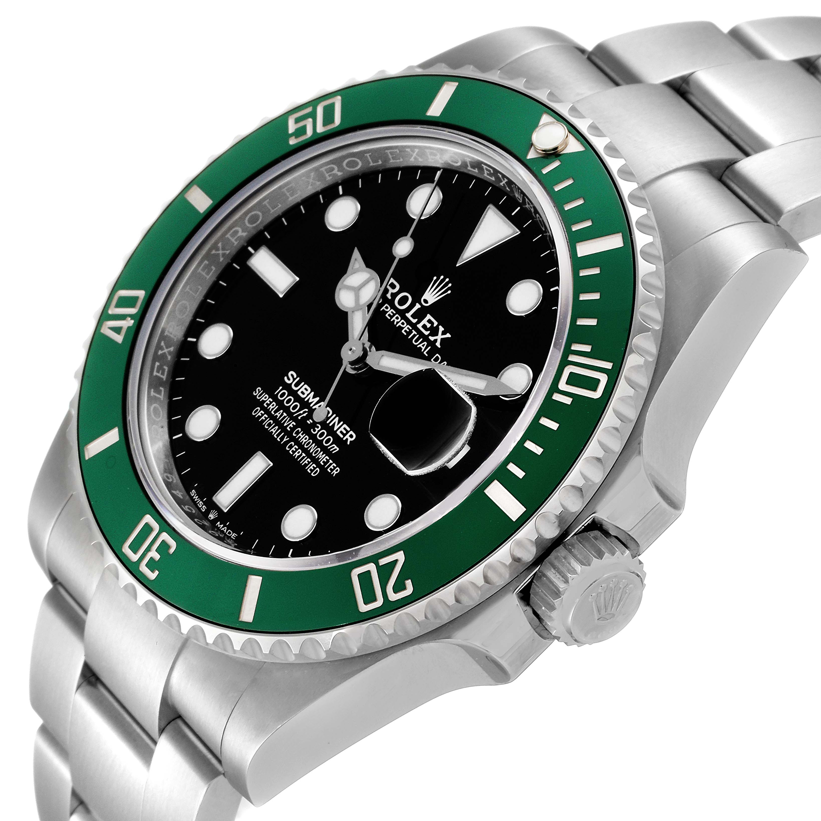 The image shows a close-up of the Rolex Submariner 126610LV Men
s Stainless Steel Black Dial 126610LV Men
s Stainless Steel Black Dial watch, highlighting its green bezel, black dial, crown, and part of the bracelet.