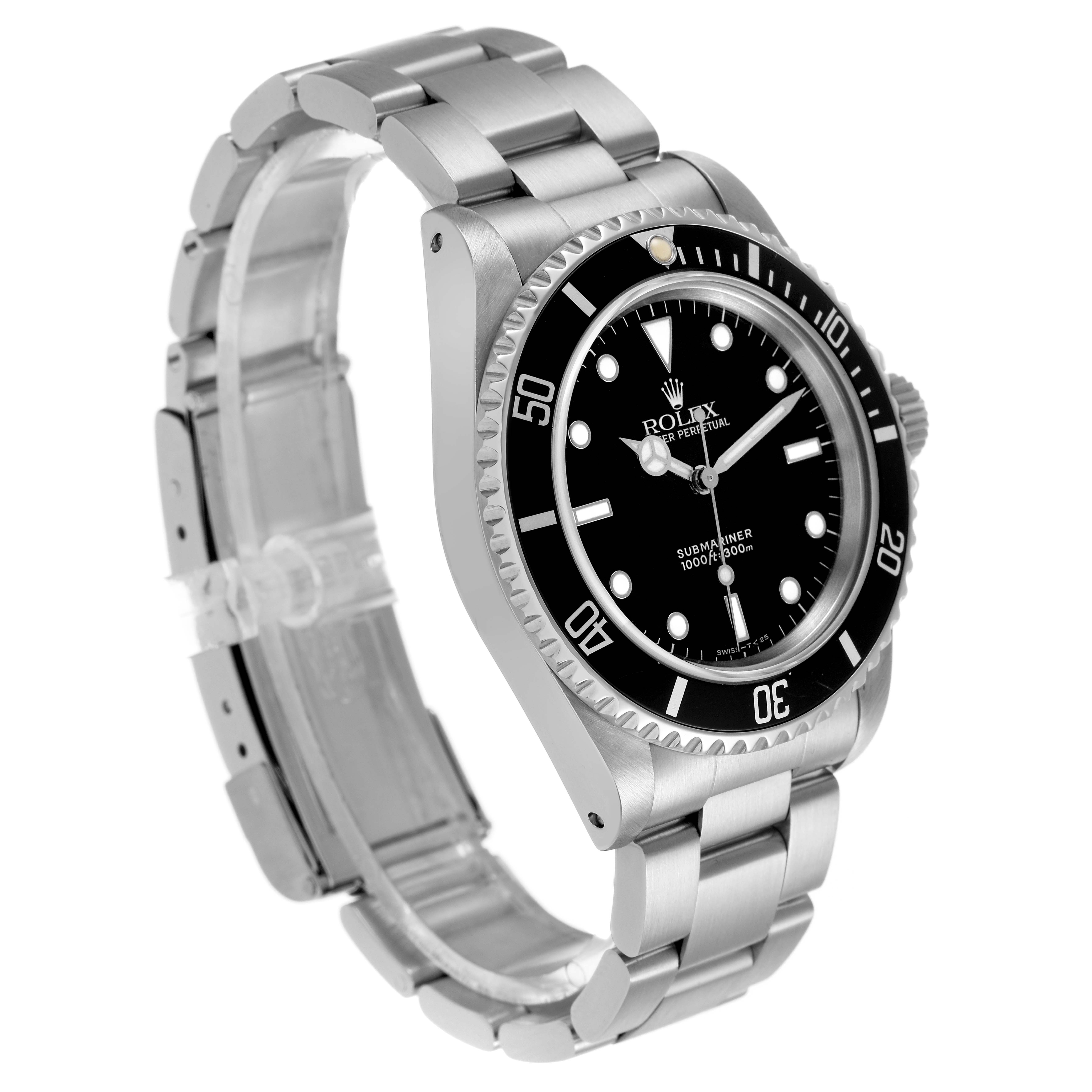 The Rolex Submariner 14060M Men's Stainless Steel Black Dial watch is shown at an angle displaying the face, bezel, and bracelet.