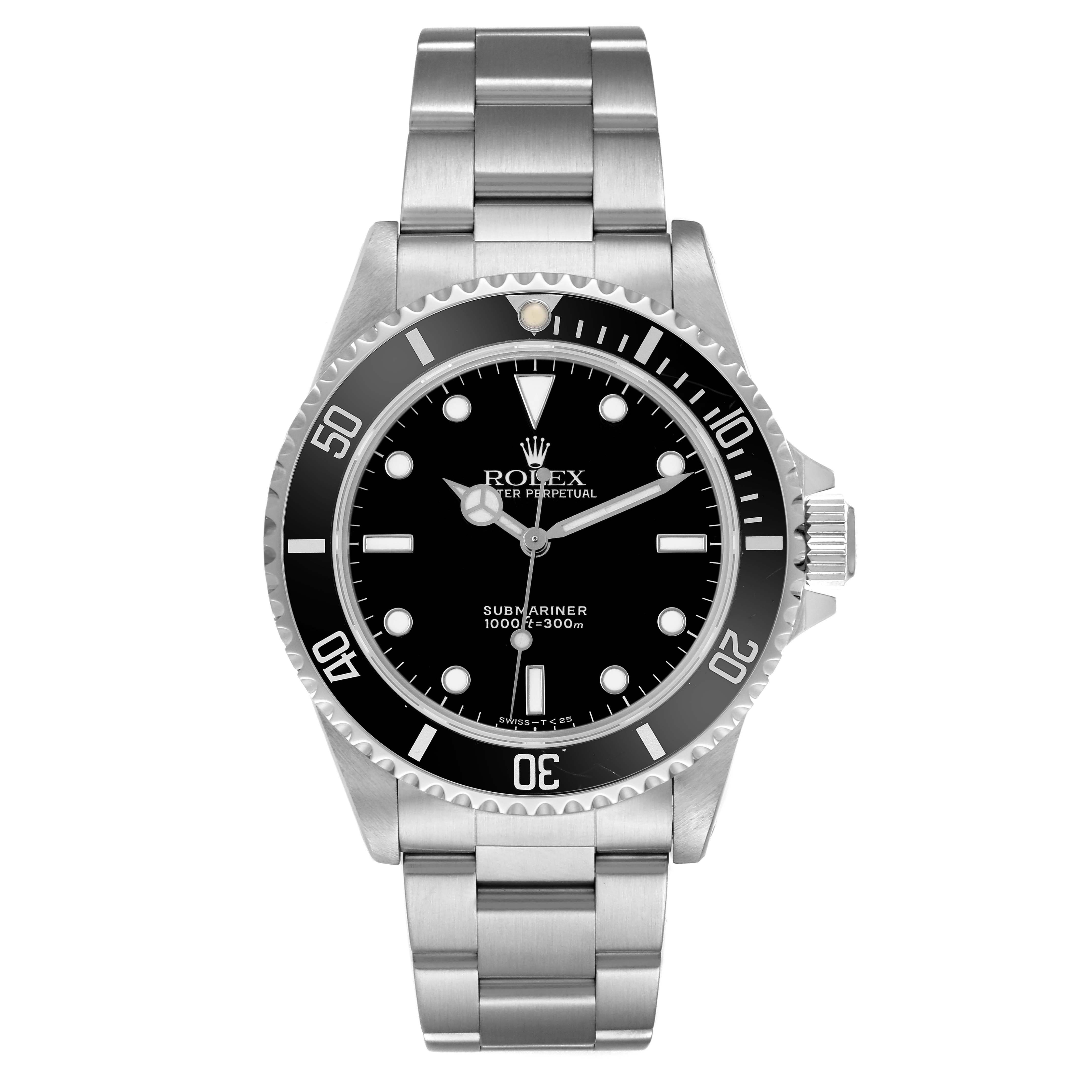 The Rolex Submariner 14060M Men's Stainless Steel Black Dial is shown from the front, displaying the dial, bezel, and bracelet.