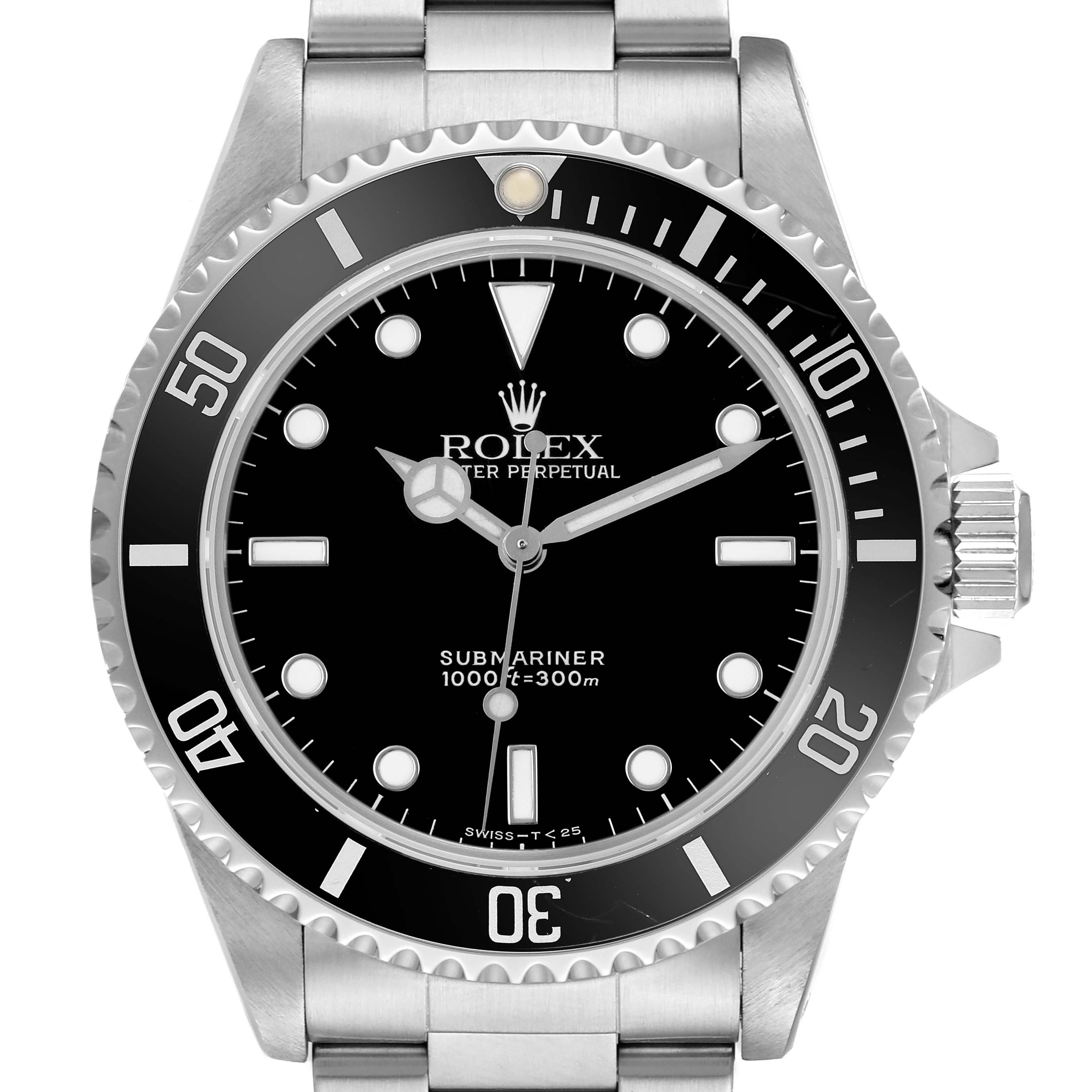 The Rolex Submariner 14060M Men's Stainless Steel Black Dial watch is shown from the front, displaying the dial, bezel, and crown.