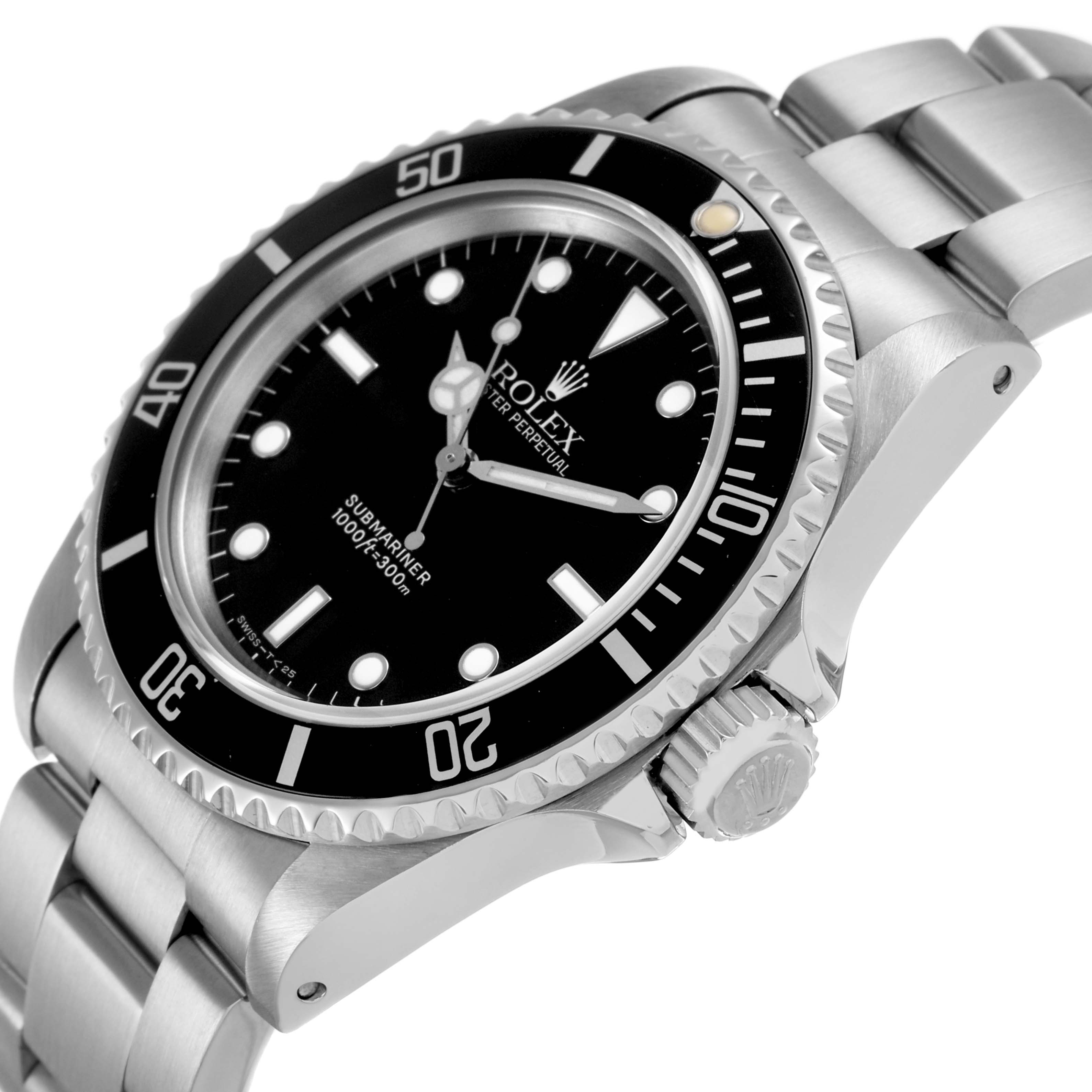 The Rolex Submariner 14060M Men's Stainless Steel Black Dial watch is shown from an angled side view highlighting the bezel, crown, and part of the bracelet.