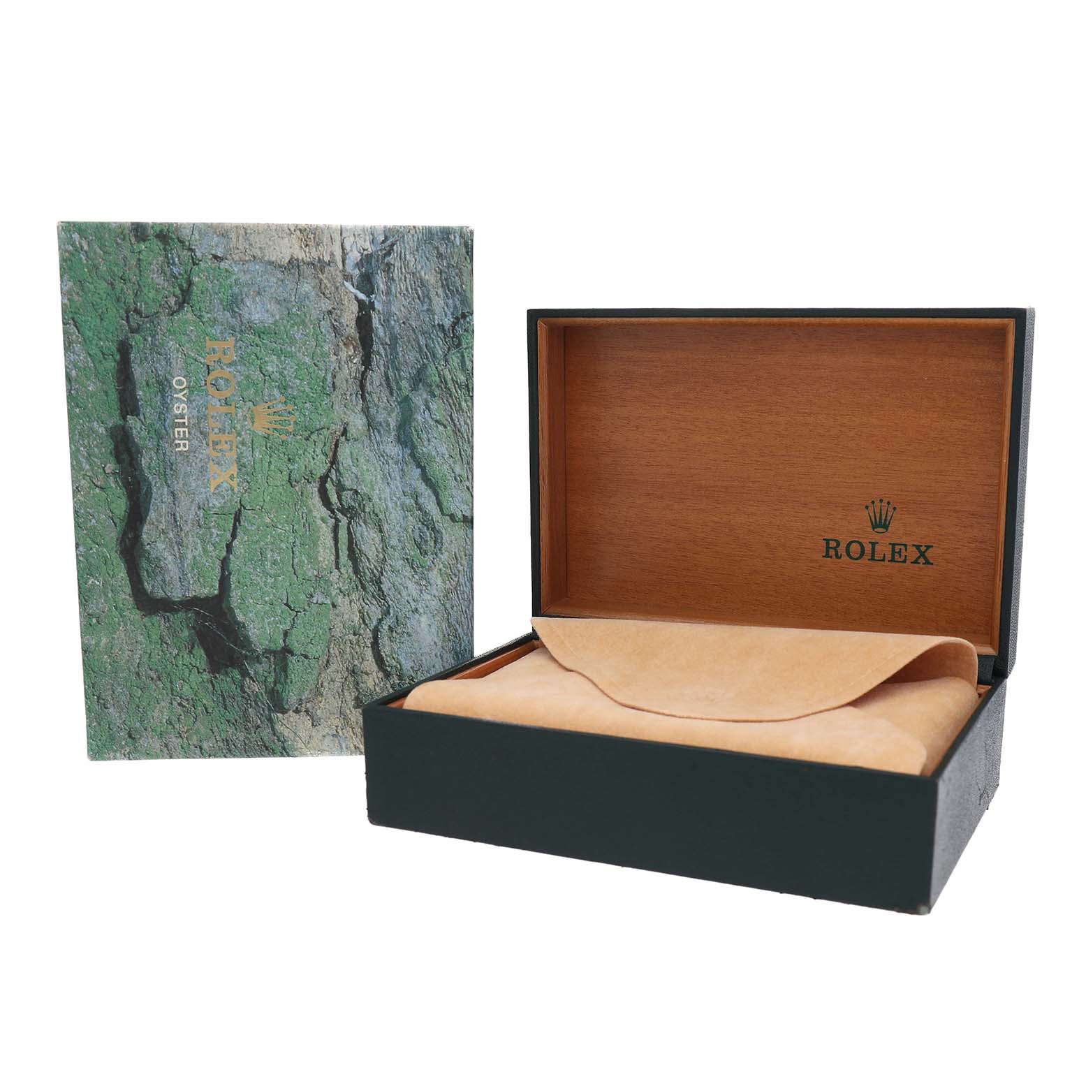 The image shows an open Rolex Submariner 14060M Men's Stainless Steel Black Dial box with a protective cover inside and a textured outer sleeve standing beside it.