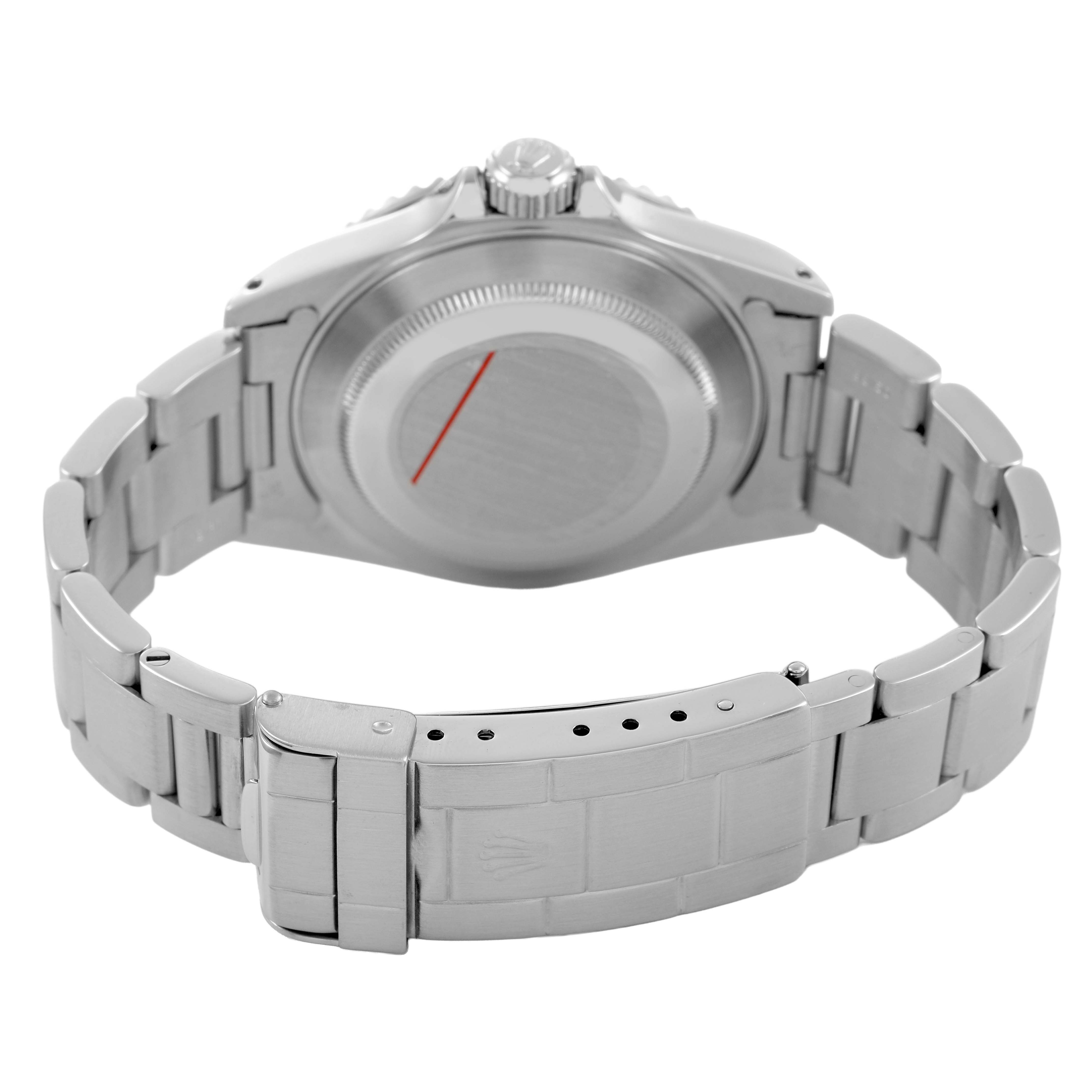 The image shows the back of a Rolex Submariner 14060M Men's Stainless Steel Black Dial, highlighting the case back, bracelet, and clasp from a rear angle.