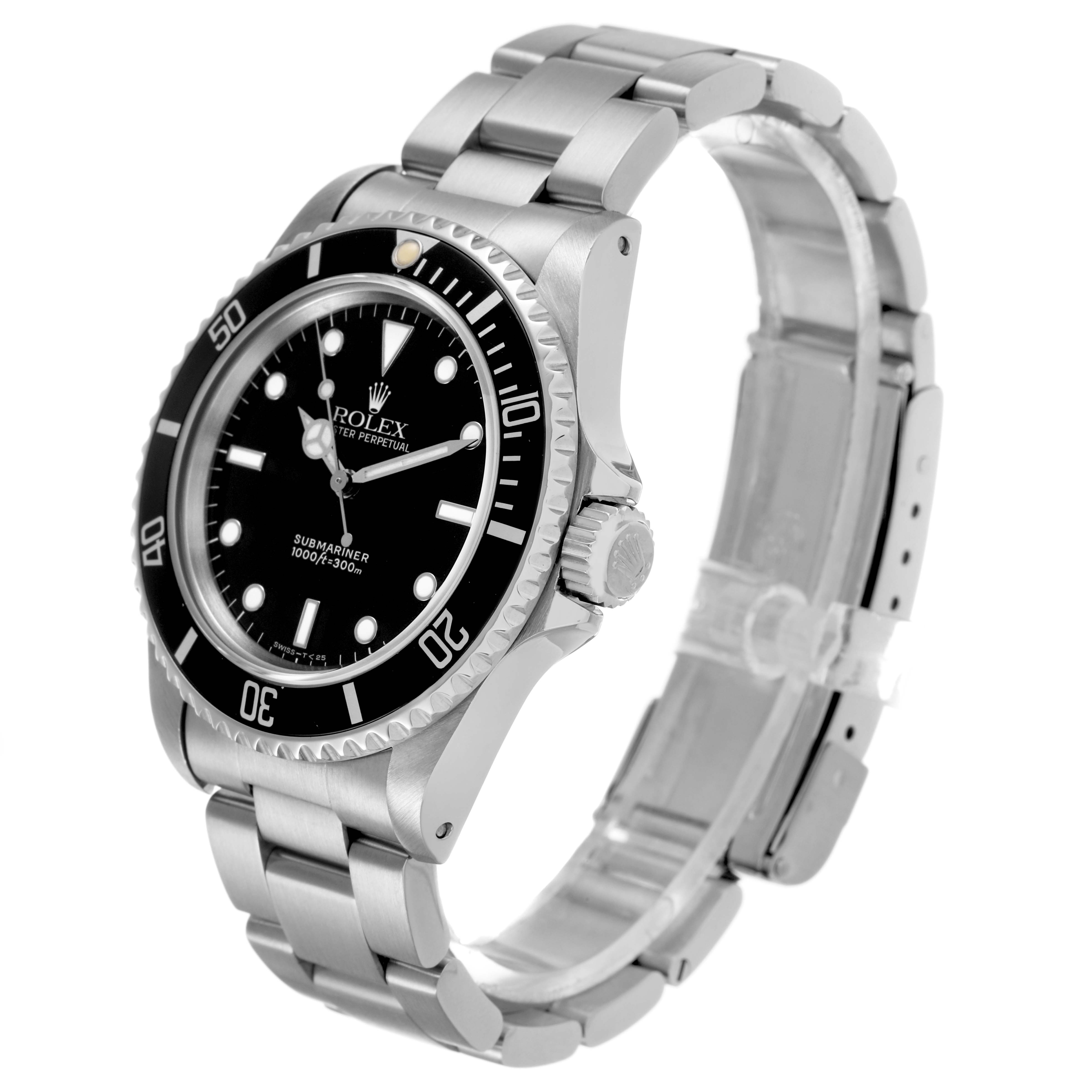 The Rolex Submariner 14060M Men's Stainless Steel Black Dial is shown at an angled view, highlighting the dial, bezel, crown, and bracelet.