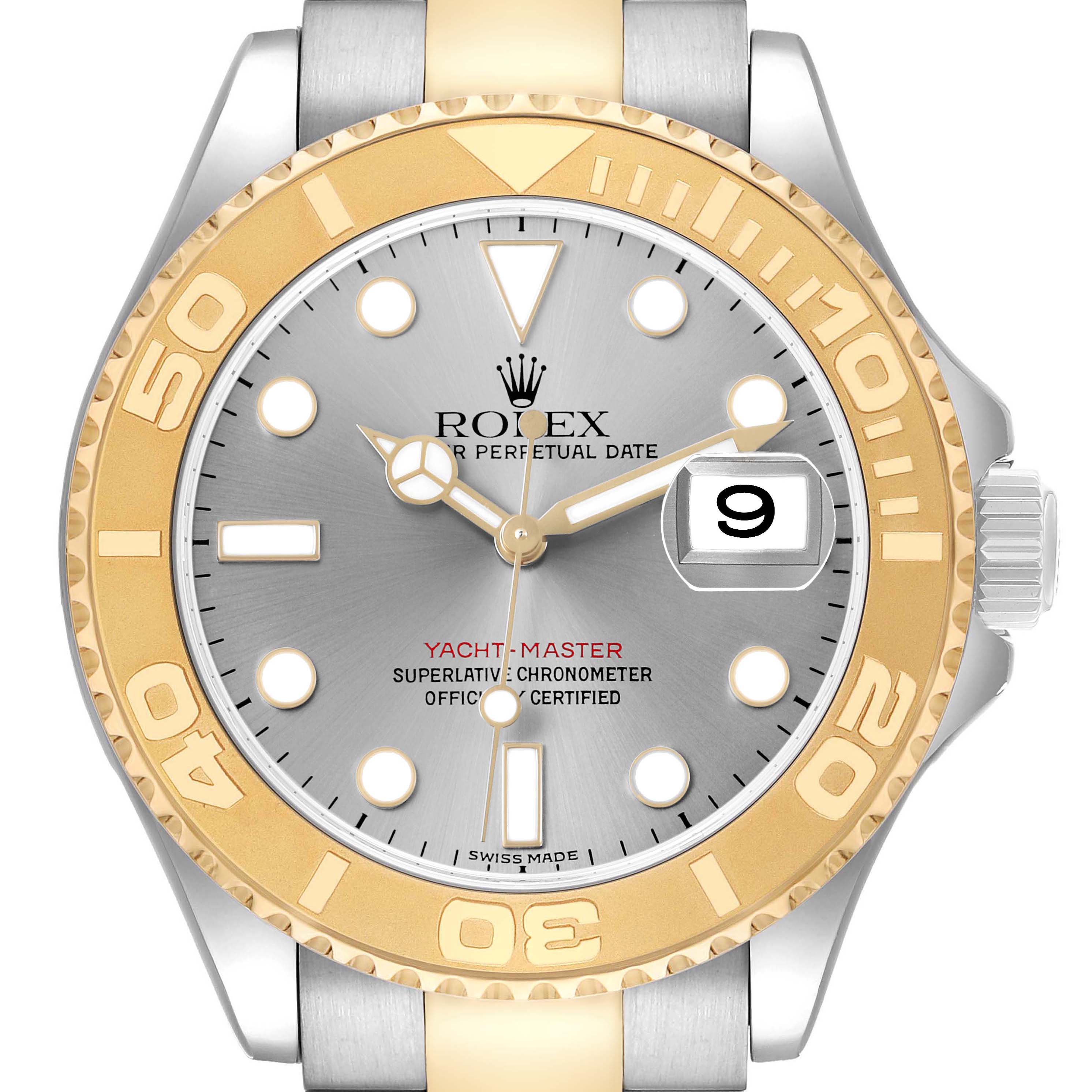 The Rolex Yacht-Master 16623 Men's Steel and Gold (two tone) Grey Dial watch is shown from a front angle, displaying its bezel, dial, hands, and date.