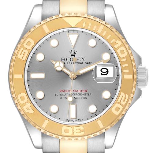 The Rolex Yacht-Master 16623 Men's Steel and Gold (two tone) Grey Dial is shown in a front view, highlighting the dial, bezel, crown, and part of the bracelet.