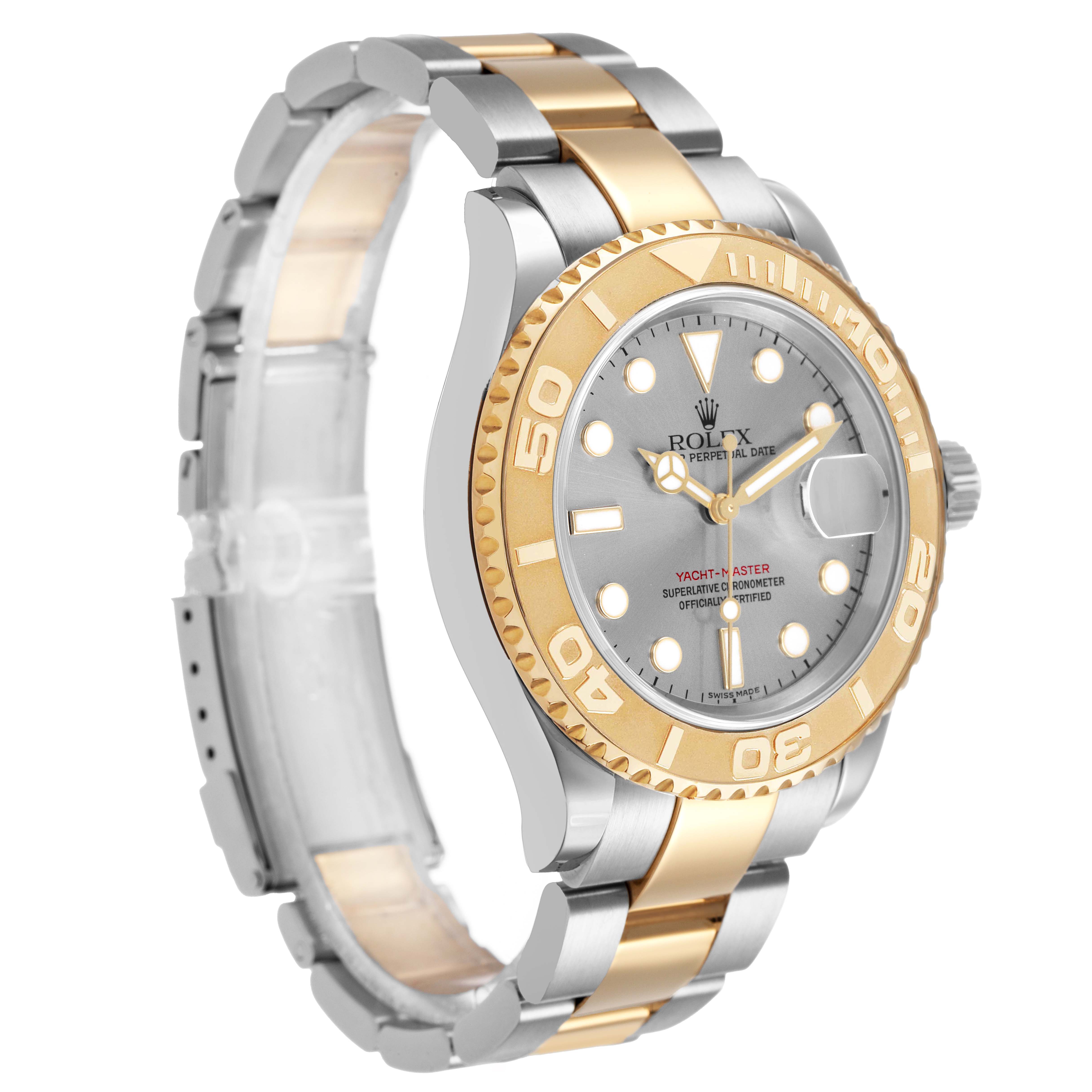 The Rolex Yacht-Master 16623 Men's Steel and Gold (two tone) Grey Dial watch is shown at a three-quarter angle, highlighting the gold bezel and two-tone bracelet.