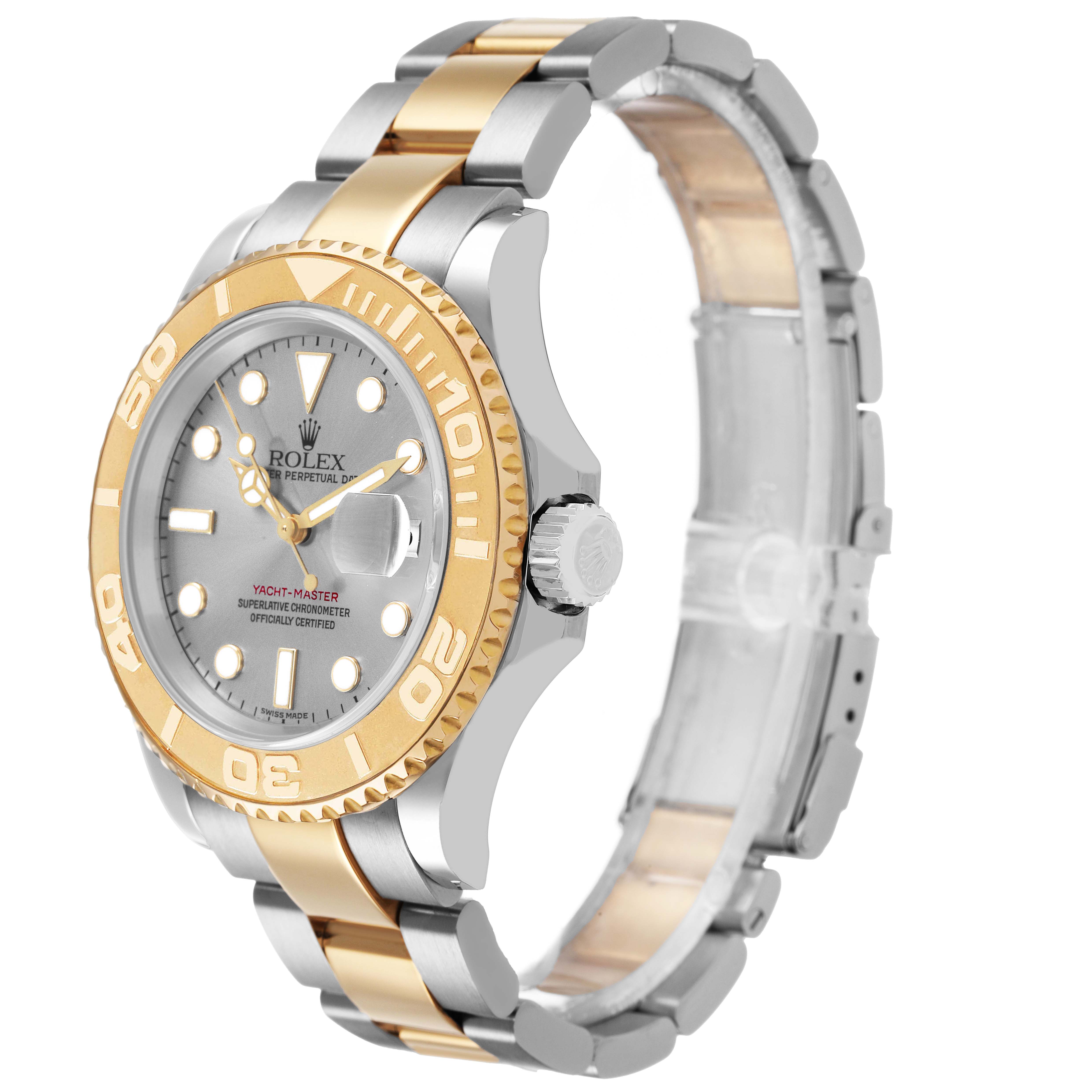 The Rolex Yacht-Master 16623 Men's Steel and Gold (two tone) Grey Dial watch is shown at a three-quarter angle, highlighting the face, bezel, crown, and bracelet.