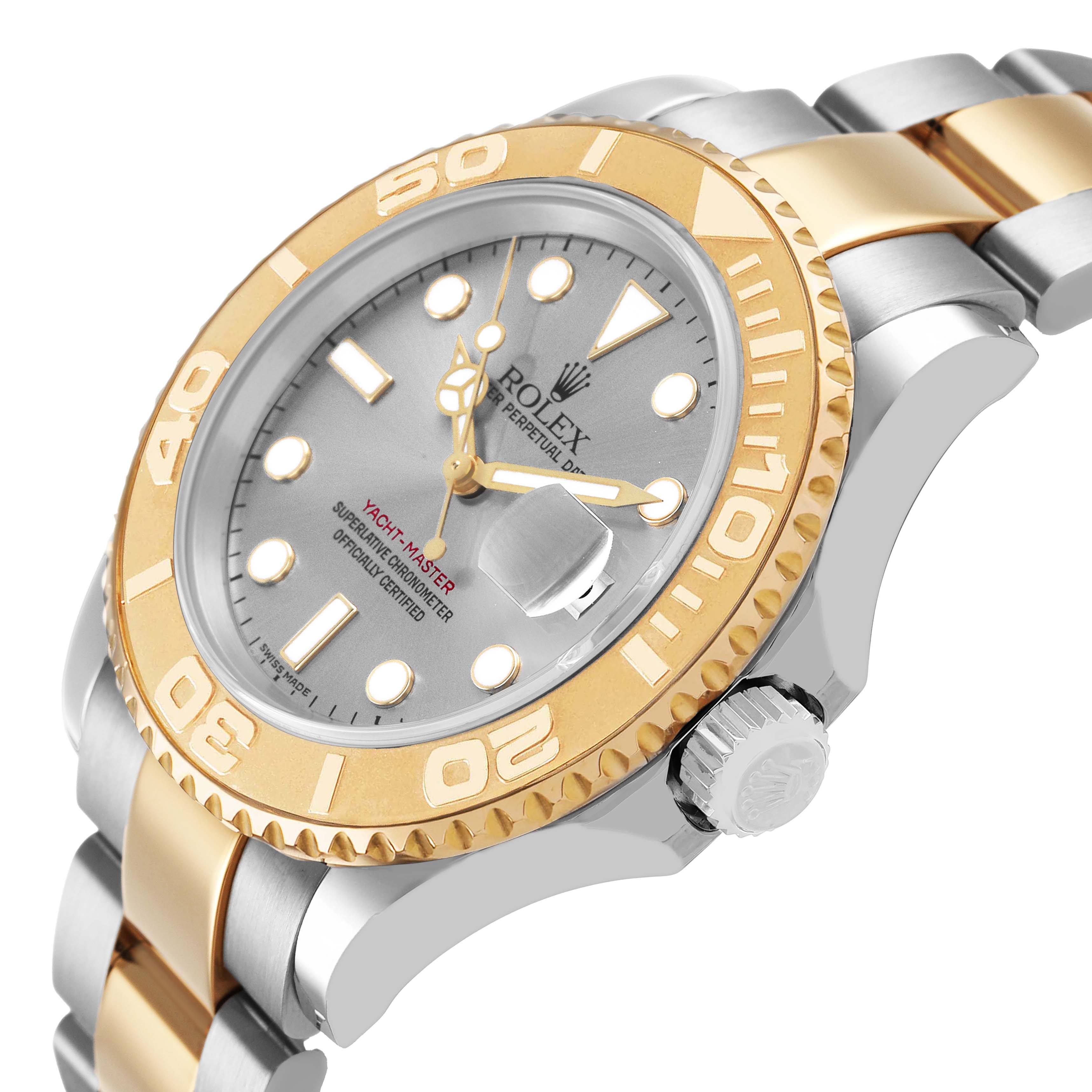 The Rolex Yacht-Master 16623 Men's Steel and Gold (two tone) Grey Dial watch is shown at a 3/4 angle, highlighting its gold bezel, silver dial, and two-tone bracelet.