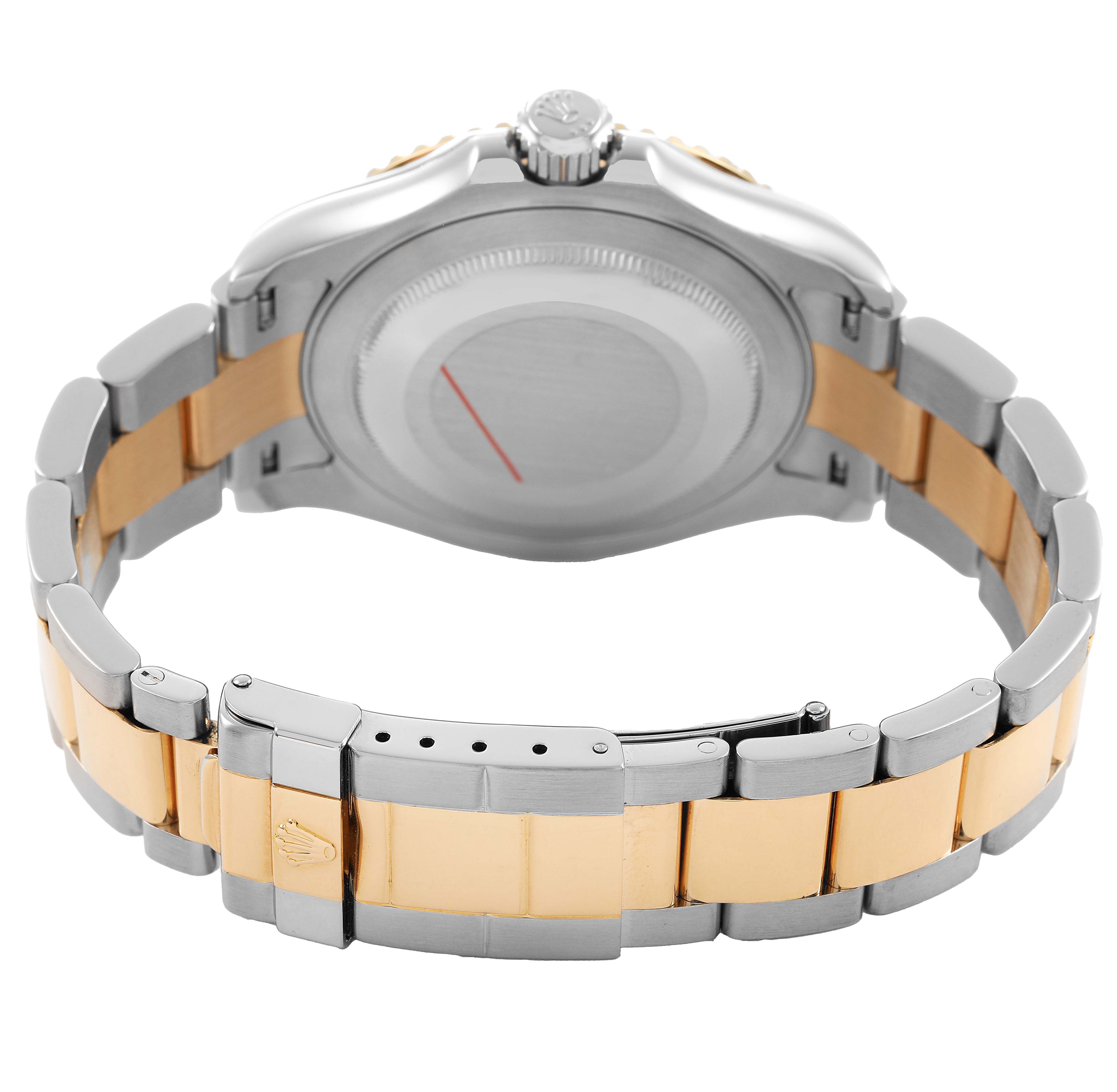 The image shows the back and clasp of a Rolex Yacht-Master 16623 Men's Steel and Gold (two tone) Grey Dial watch, highlighting its two-tone bracelet design.