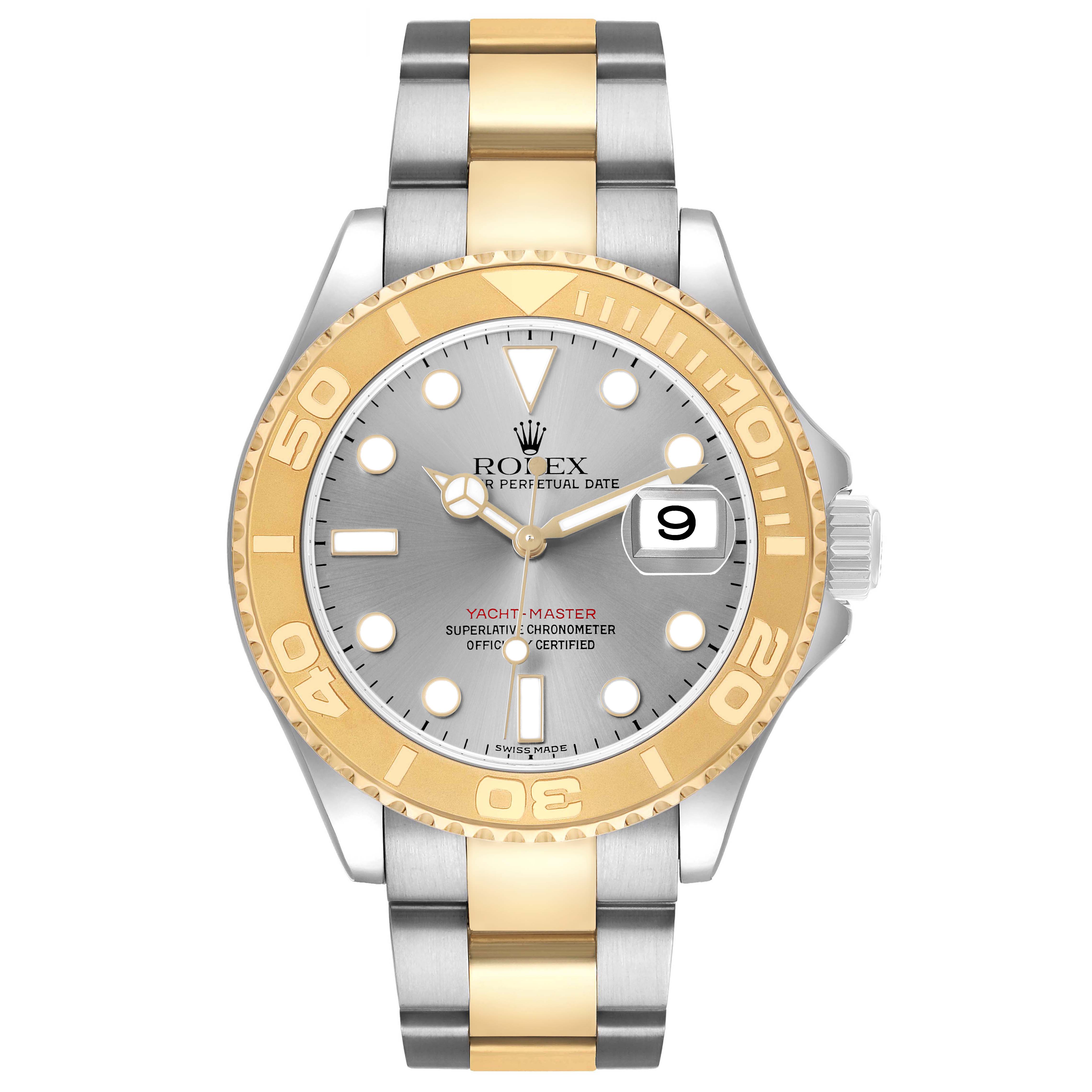 The Rolex Yacht-Master 16623 Men's Steel and Gold (two tone) Grey Dial watch is shown from a frontal angle, highlighting the dial, bezel, and bracelet.