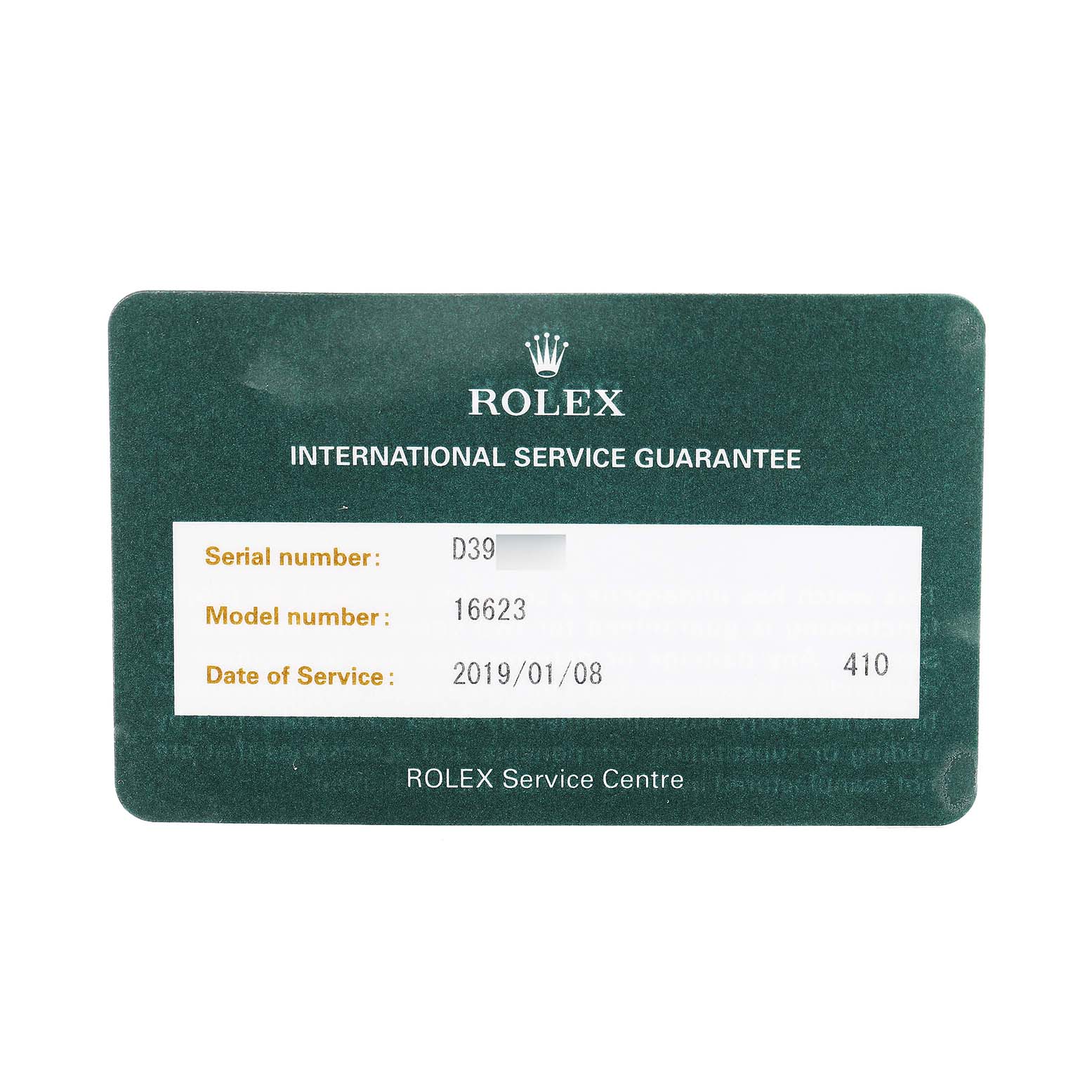 This image shows a Rolex International Service Guarantee card for the Yacht-Master model, providing serial and model numbers.