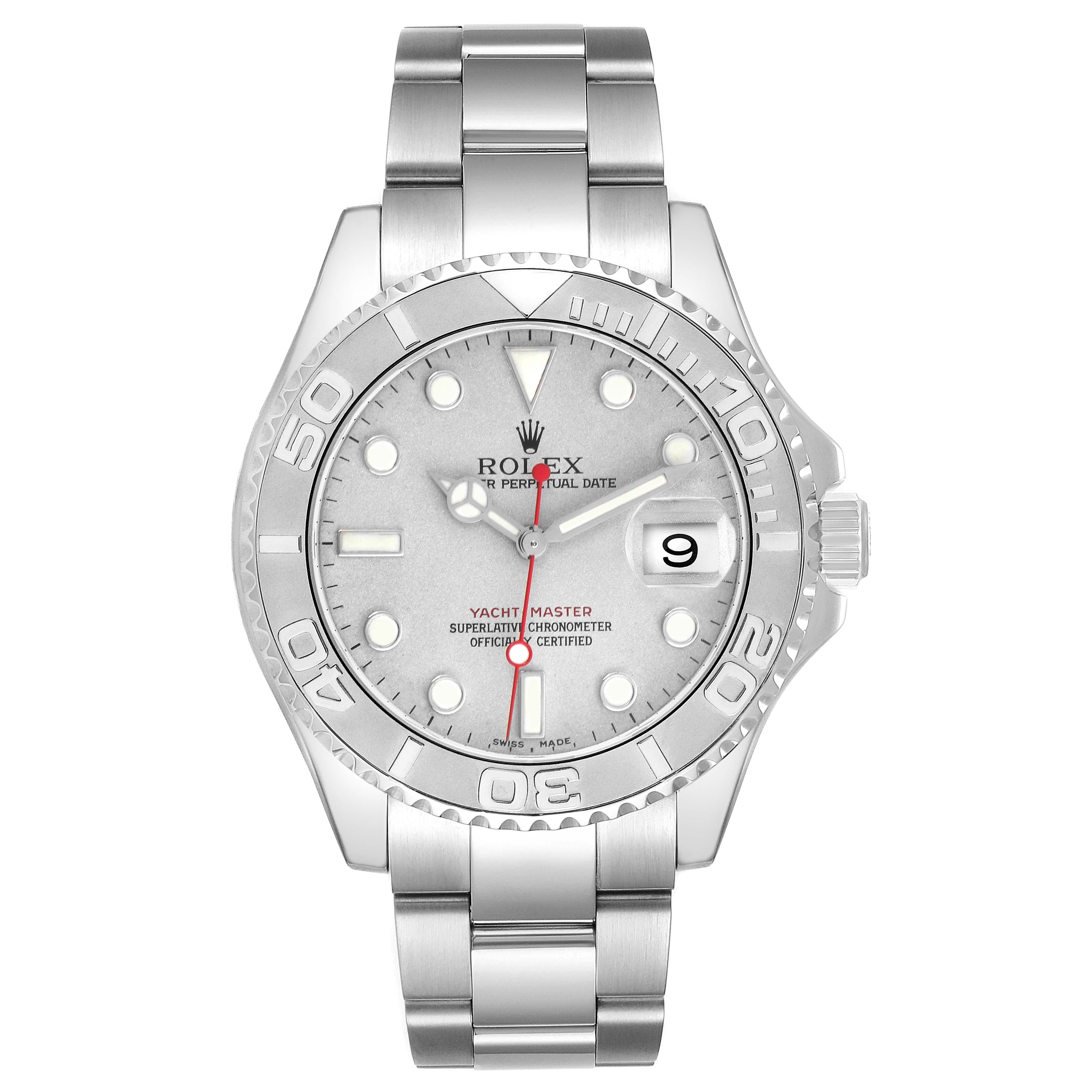 This is a front view of the Rolex Yacht-Master 16622 Men
s Stainless Steel Silver Dial 16622 Men
s Stainless Steel Silver Dial watch, showing its dial, bezel, bracelet, and prominent date display.