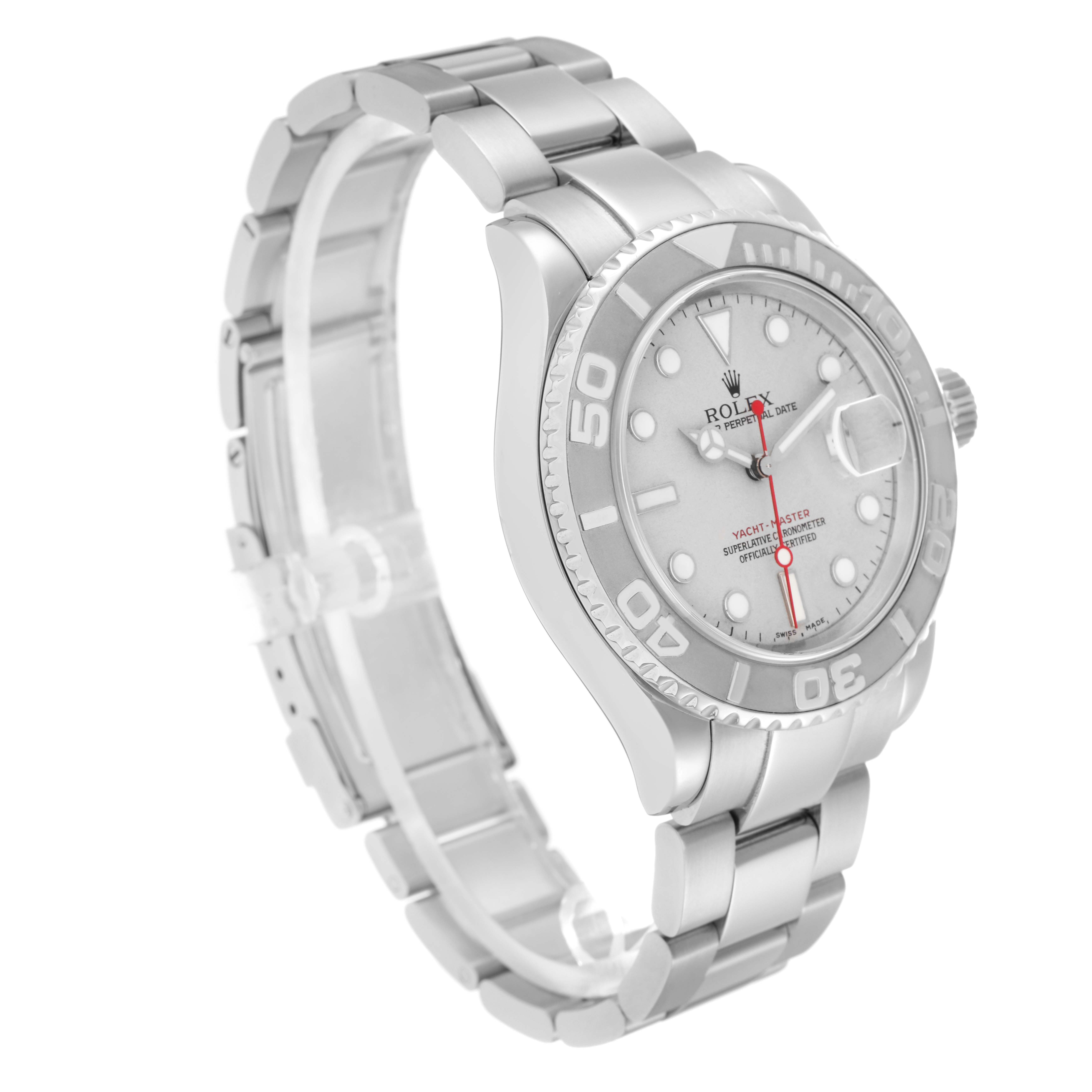 The Rolex Yacht-Master 16622 Men
s Stainless Steel Silver Dial 16622 Men
s Stainless Steel Silver Dial watch is shown at a three-quarter angle, displaying the face, bracelet, and bezel prominently.