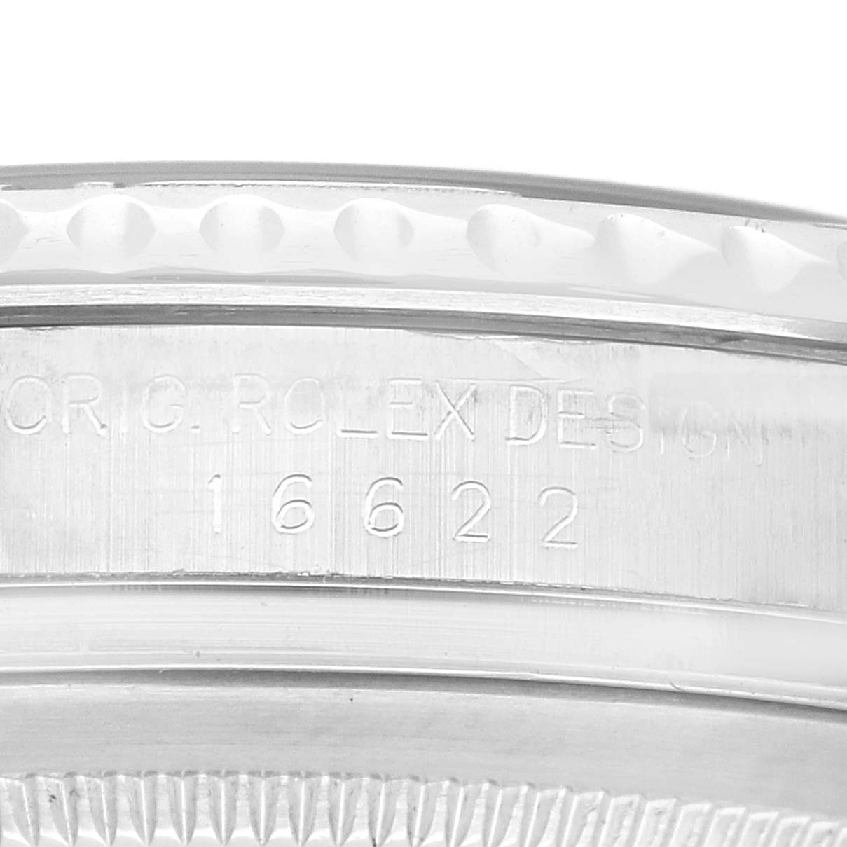 The image shows the side view of the Rolex Yacht-Master 16622 Men
s Stainless Steel Silver Dial 16622 Men
s Stainless Steel Silver Dial
s case with engraved model details.