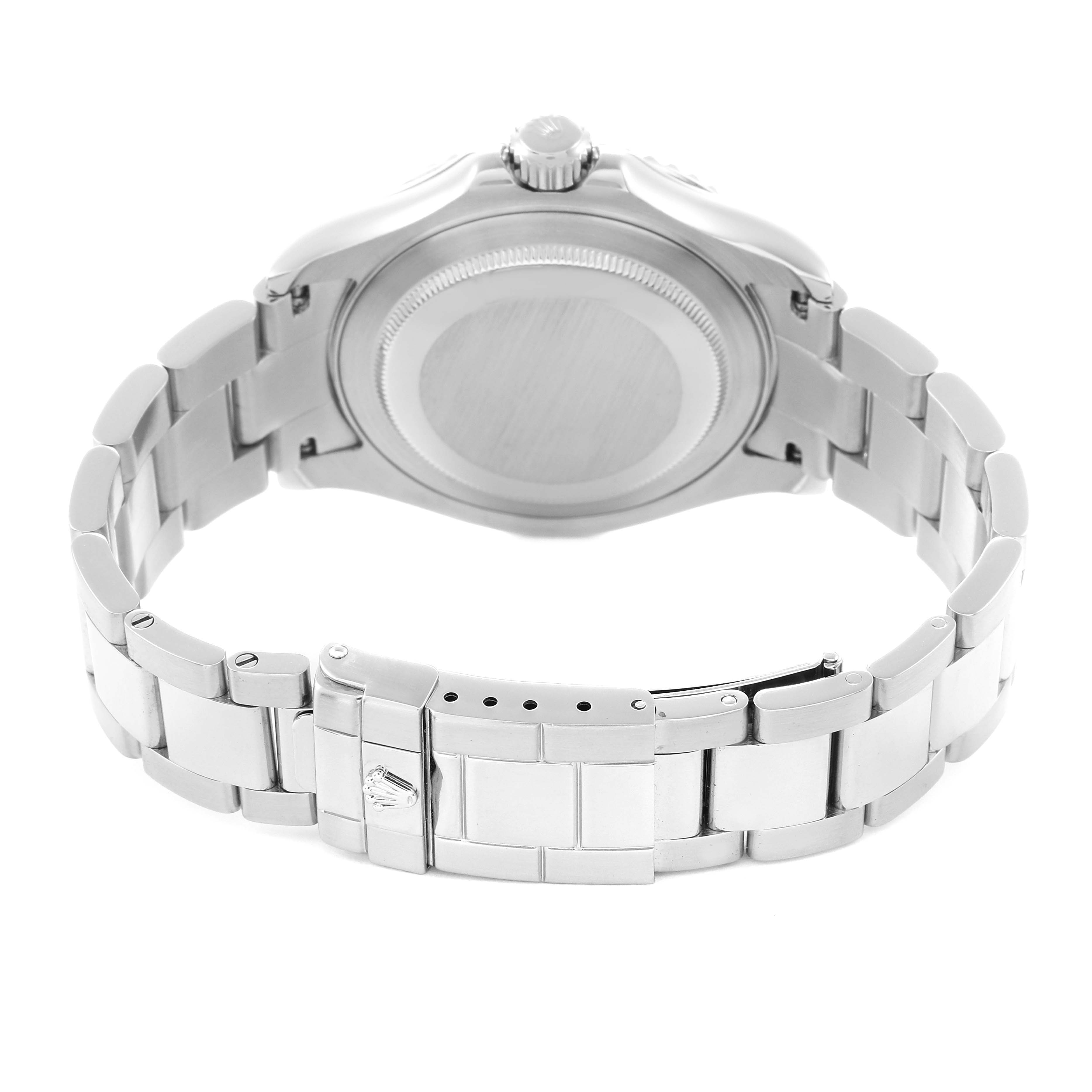 The image shows the back view of a Rolex Yacht-Master 16622 Men
s Stainless Steel Silver Dial 16622 Men
s Stainless Steel Silver Dial watch, highlighting the case back and bracelet with clasp.