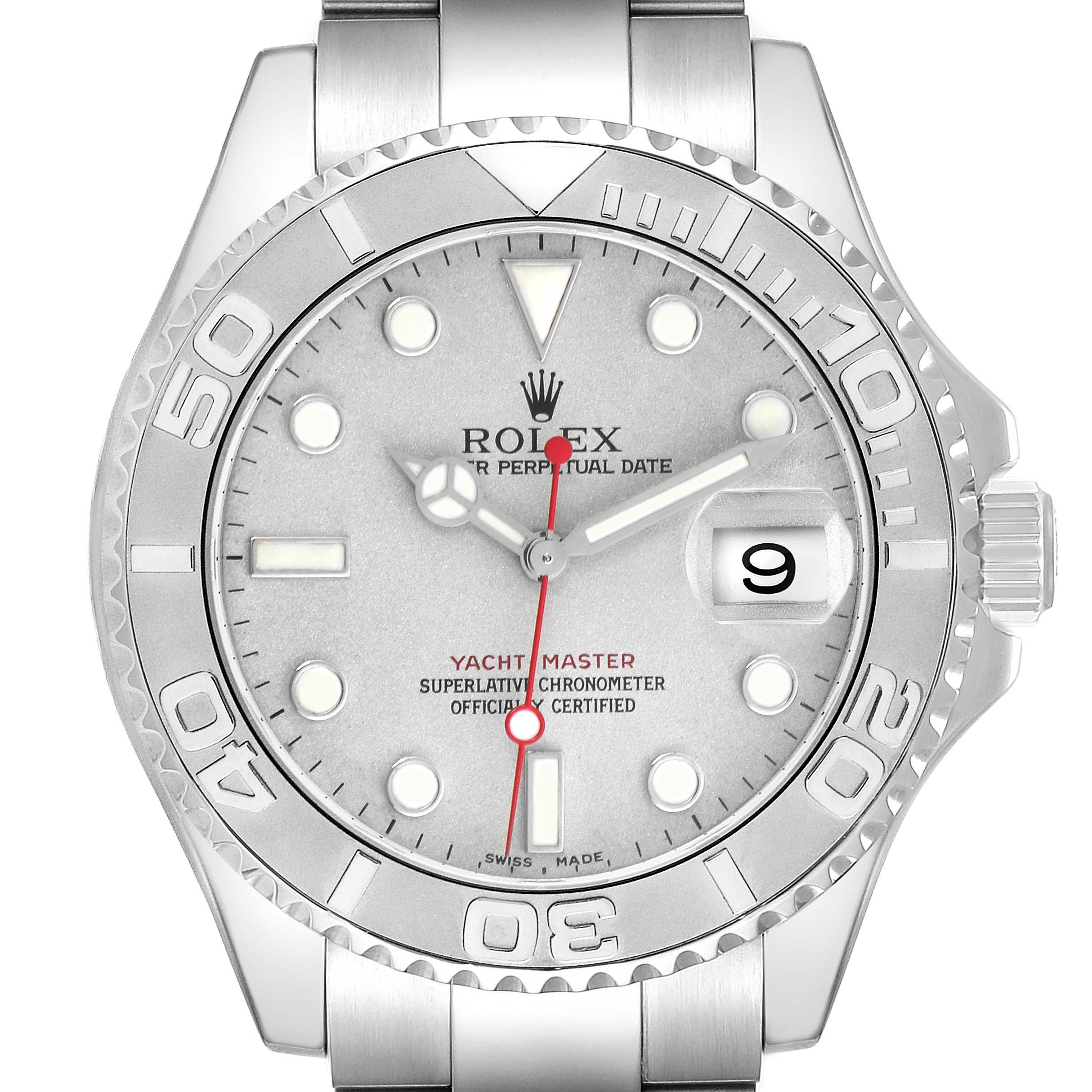 The image shows a front view of the Rolex Yacht-Master 16622 Men
s Stainless Steel Silver Dial 16622 Men
s Stainless Steel Silver Dial, highlighting the bezel, dial, and date window.