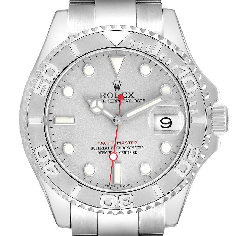 The image shows a front view of the Rolex Yacht-Master, highlighting the bezel, dial, and date window.
