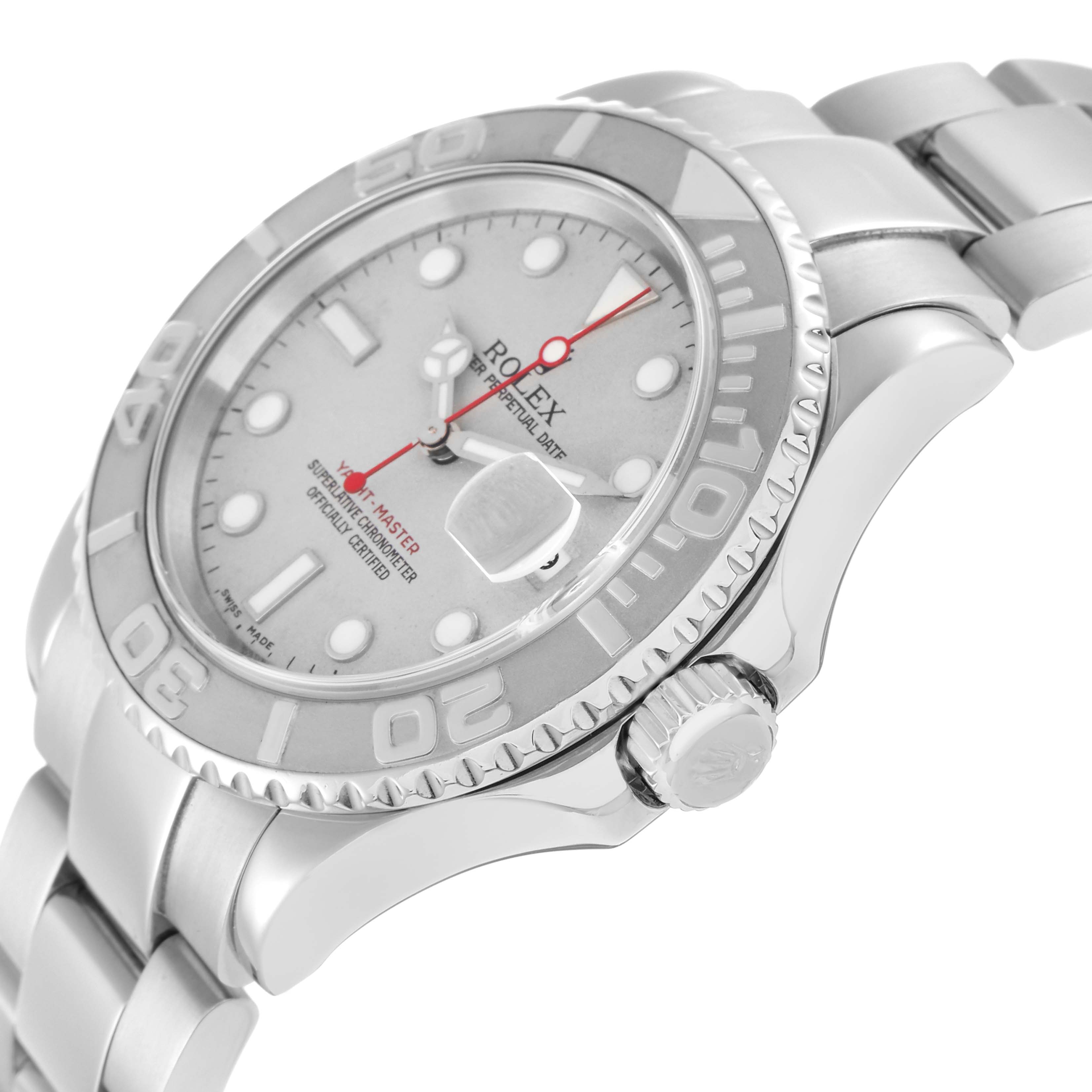 The Rolex Yacht-Master 16622 Men
s Stainless Steel Silver Dial 16622 Men
s Stainless Steel Silver Dial watch is shown at a side angle, highlighting the bezel, crown, and bracelet links.