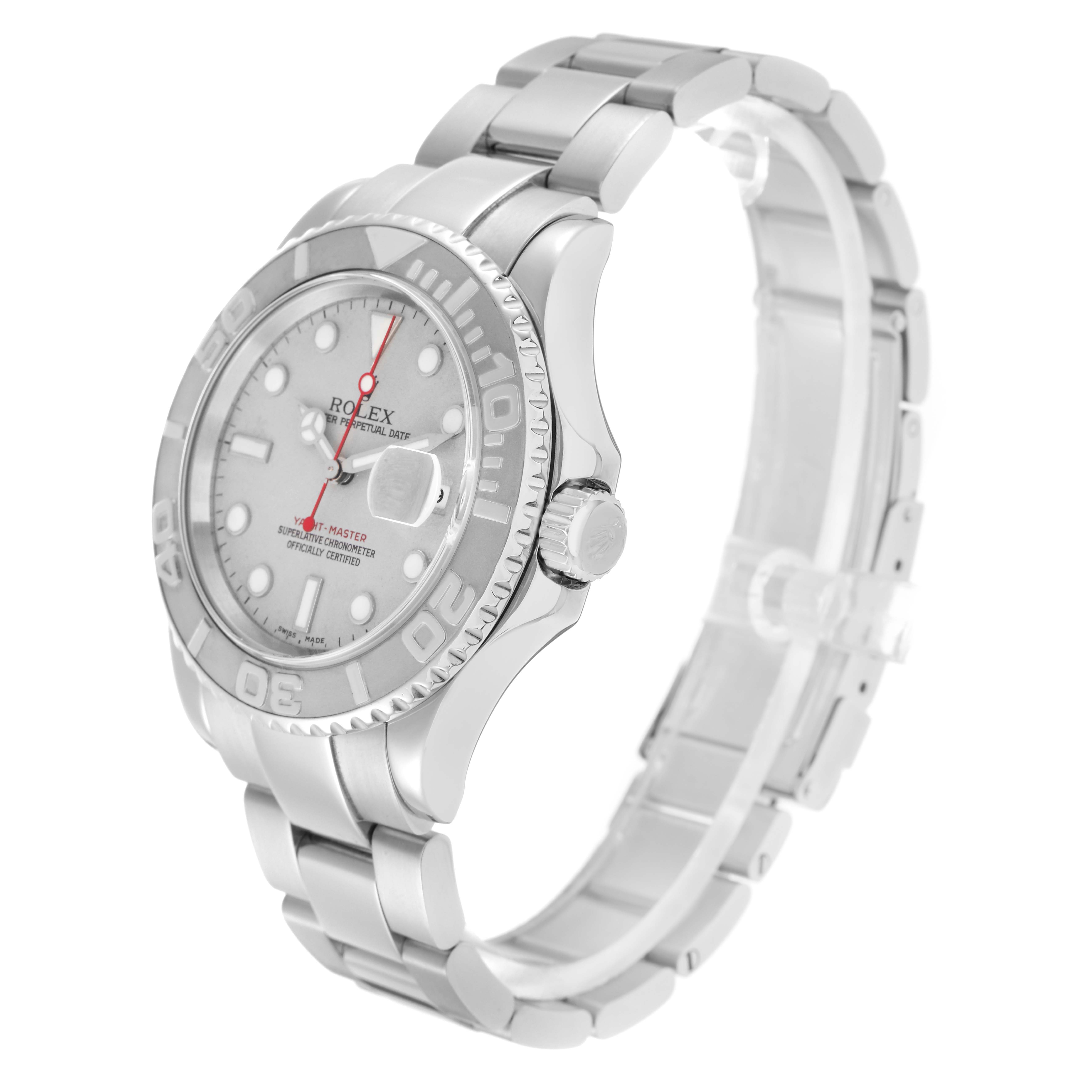 The Rolex Yacht-Master 16622 Men
s Stainless Steel Silver Dial 16622 Men
s Stainless Steel Silver Dial watch is shown at a three-quarter angle, displaying the face, bezel, case, crown, and bracelet.
