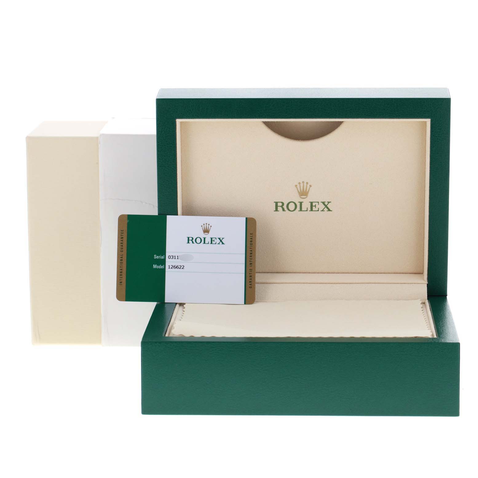 The image shows the open box and warranty card for a Rolex Yacht-Master 126622 Men
s Stainless Steel Grey Dial 126622 Men
s Stainless Steel Grey Dial watch, featuring its model and brand prominently.