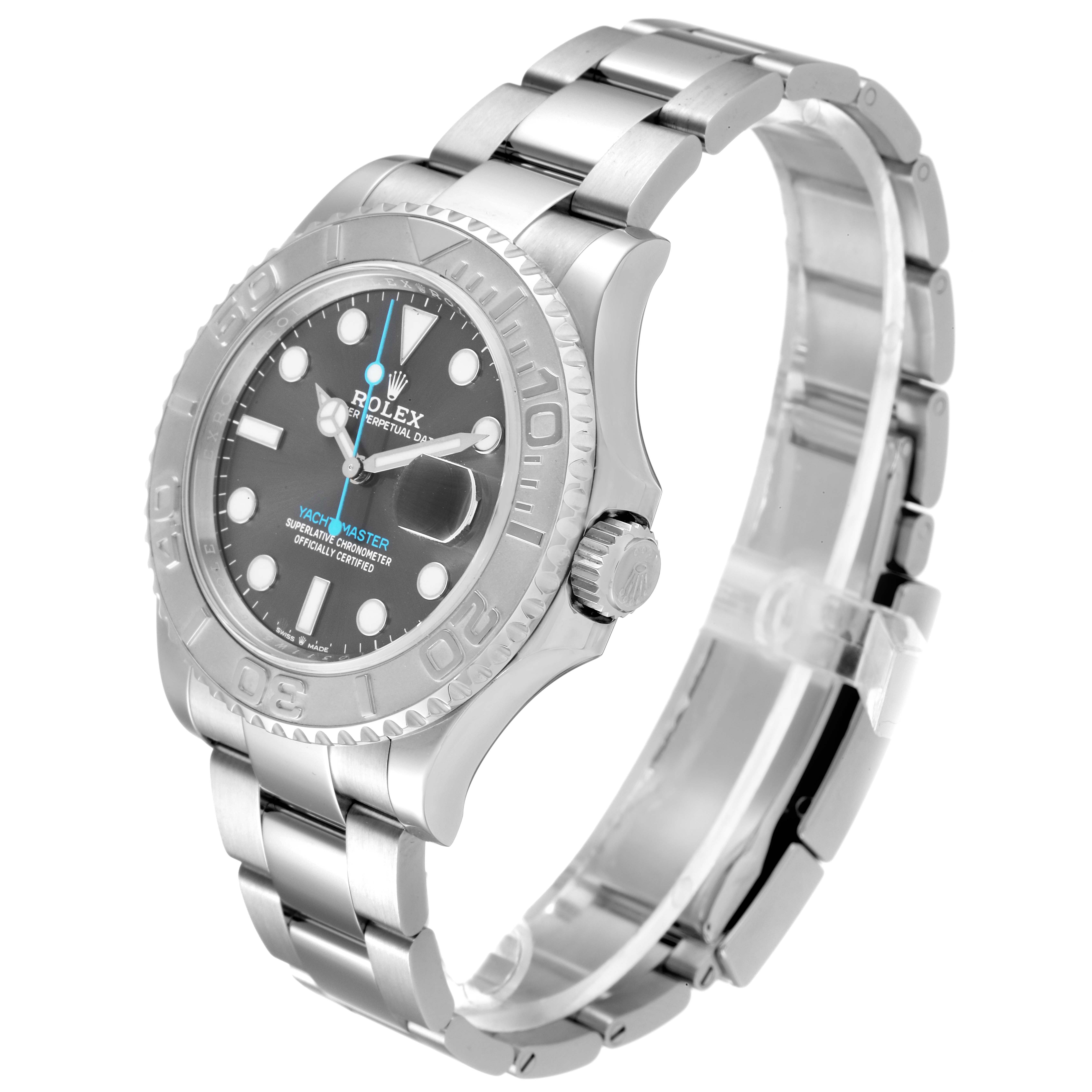 The image shows a Rolex Yacht-Master 126622 Men
s Stainless Steel Grey Dial 126622 Men
s Stainless Steel Grey Dial watch at a 45-degree angle, highlighting its face, bezel, and bracelet.