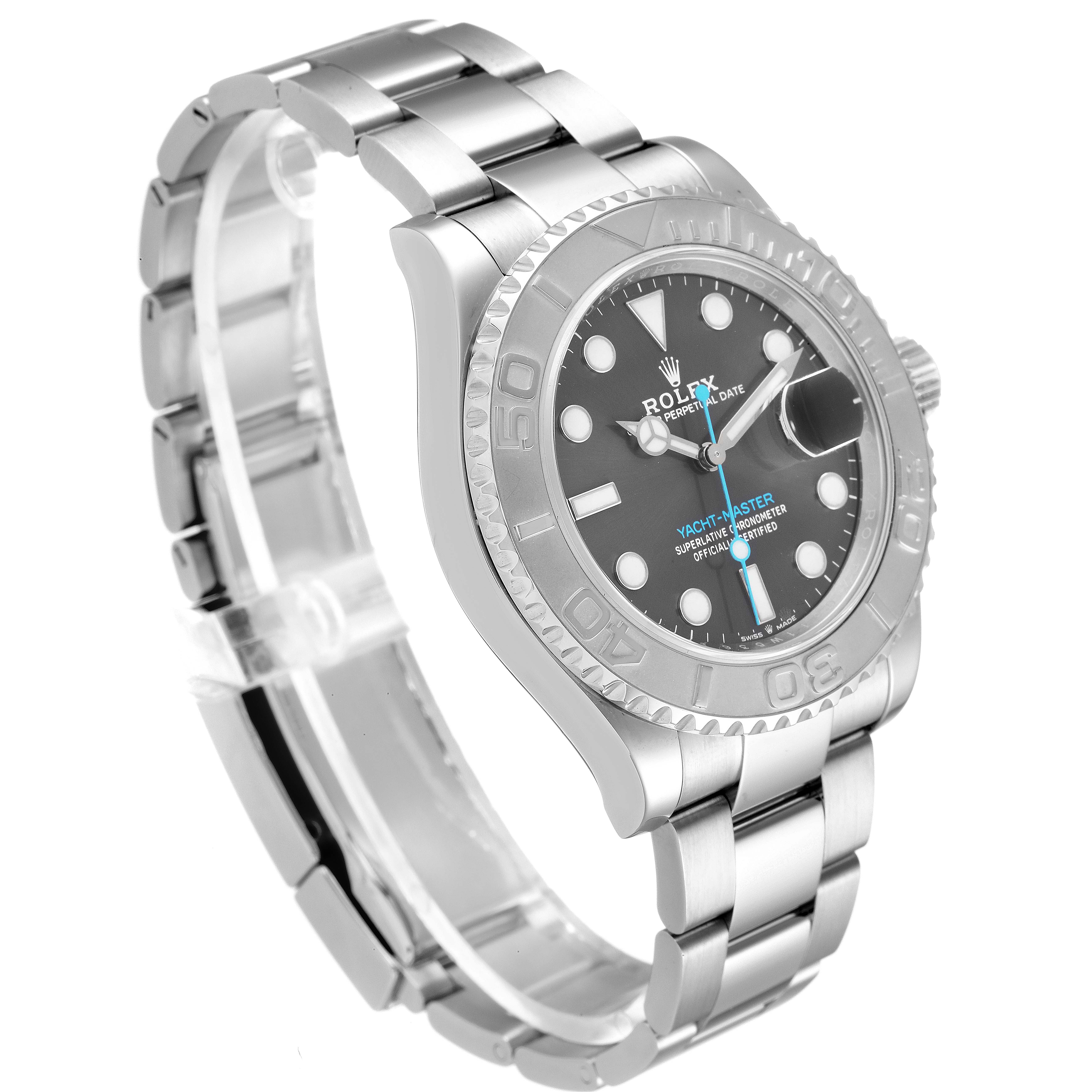 The Rolex Yacht-Master 126622 Men
s Stainless Steel Grey Dial 126622 Men
s Stainless Steel Grey Dial watch is shown from an angled front view, displaying the face, bezel, and part of the bracelet.