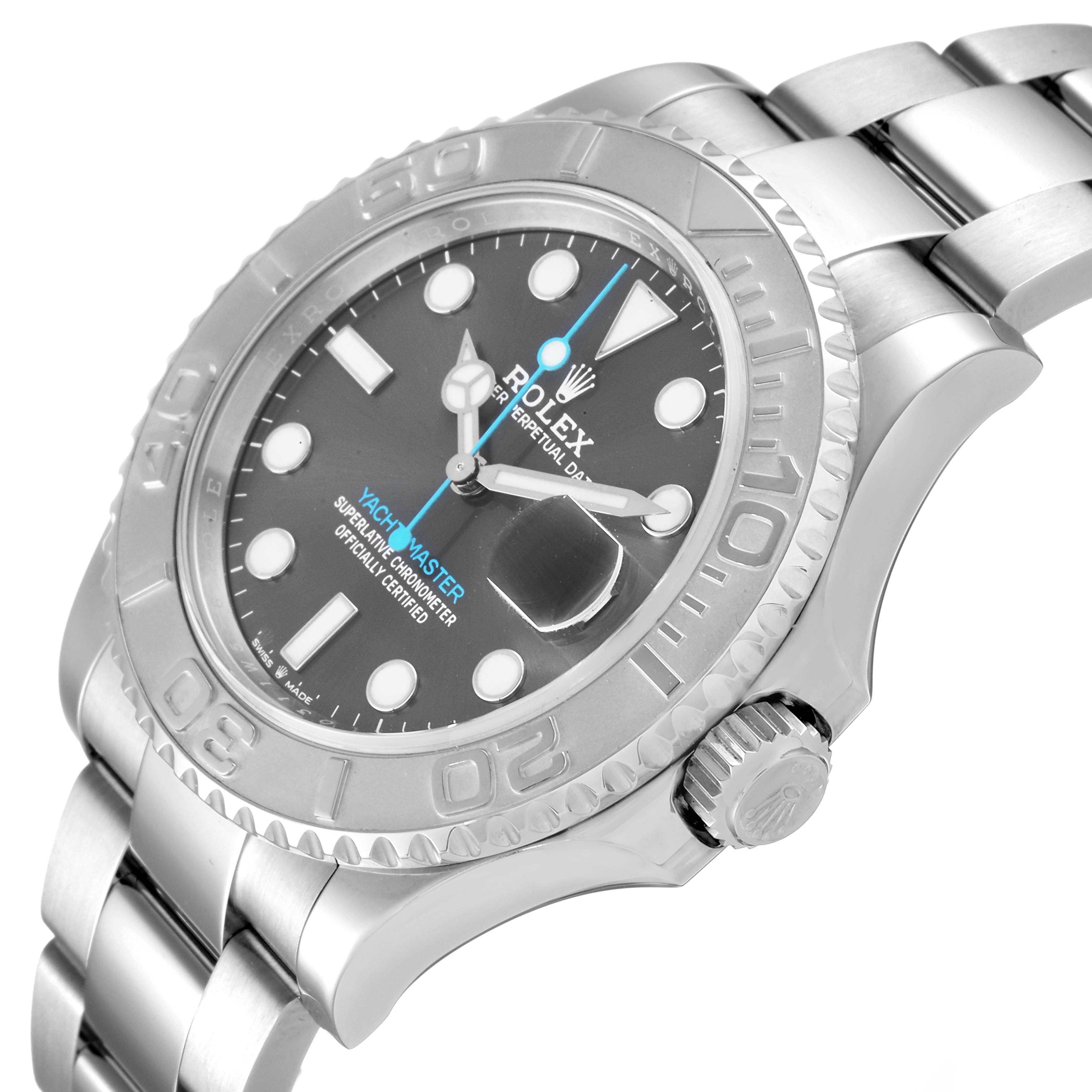 The image shows a three-quarter view of a Rolex Yacht-Master 126622 Men
s Stainless Steel Grey Dial 126622 Men
s Stainless Steel Grey Dial watch, highlighting the face, bezel, crown, and part of the bracelet.
