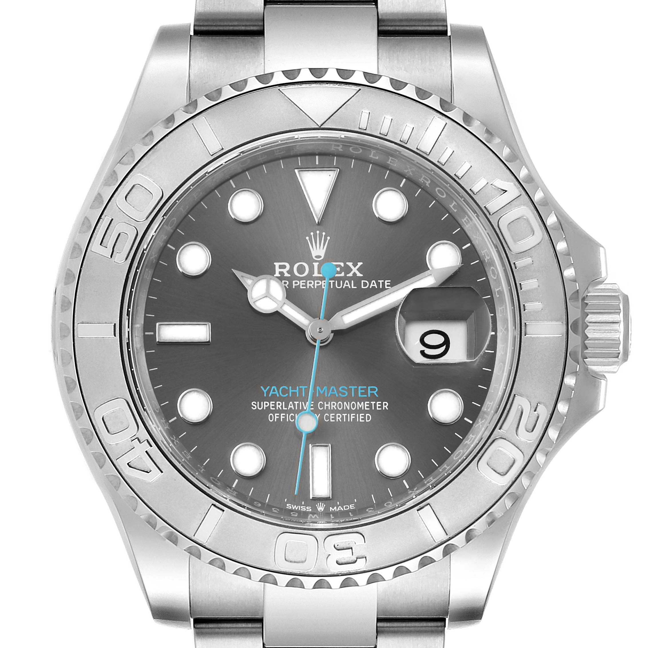 The Rolex Yacht-Master 126622 Men
s Stainless Steel Grey Dial 126622 Men
s Stainless Steel Grey Dial watch is shown from a front angle, displaying the bezel, dial, hands, and date window.