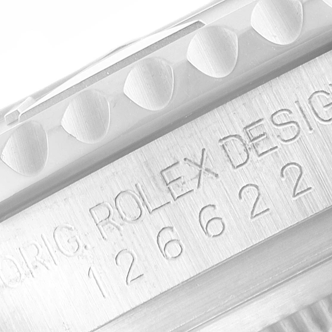 This image shows a close-up of the bezel and case part number of a Rolex Yacht-Master 126622 Men
s Stainless Steel Grey Dial 126622 Men
s Stainless Steel Grey Dial watch.