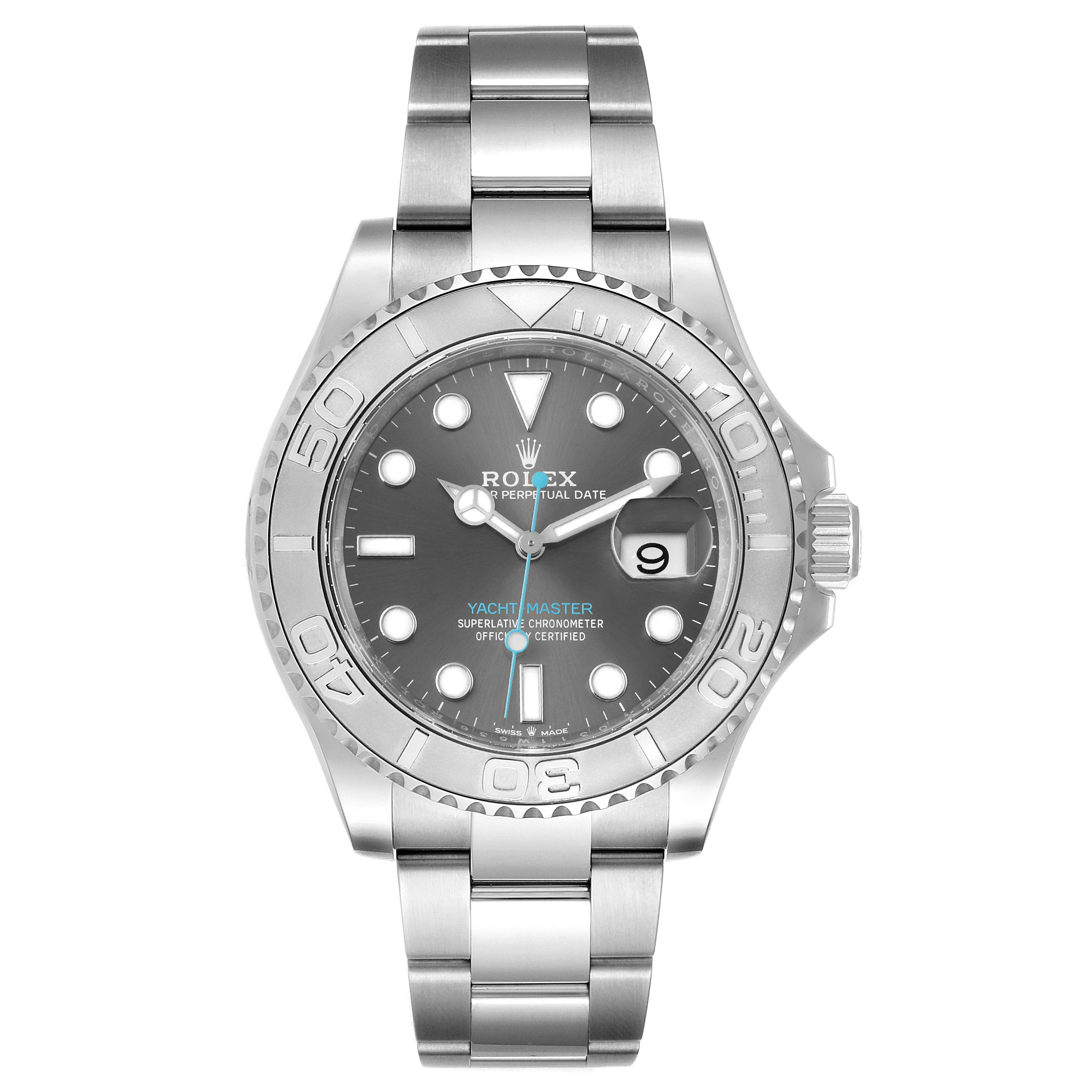 The image shows a front view of a Rolex Yacht-Master 126622 Men
s Stainless Steel Grey Dial 126622 Men
s Stainless Steel Grey Dial watch, highlighting its face, dial, bezel, and bracelet.