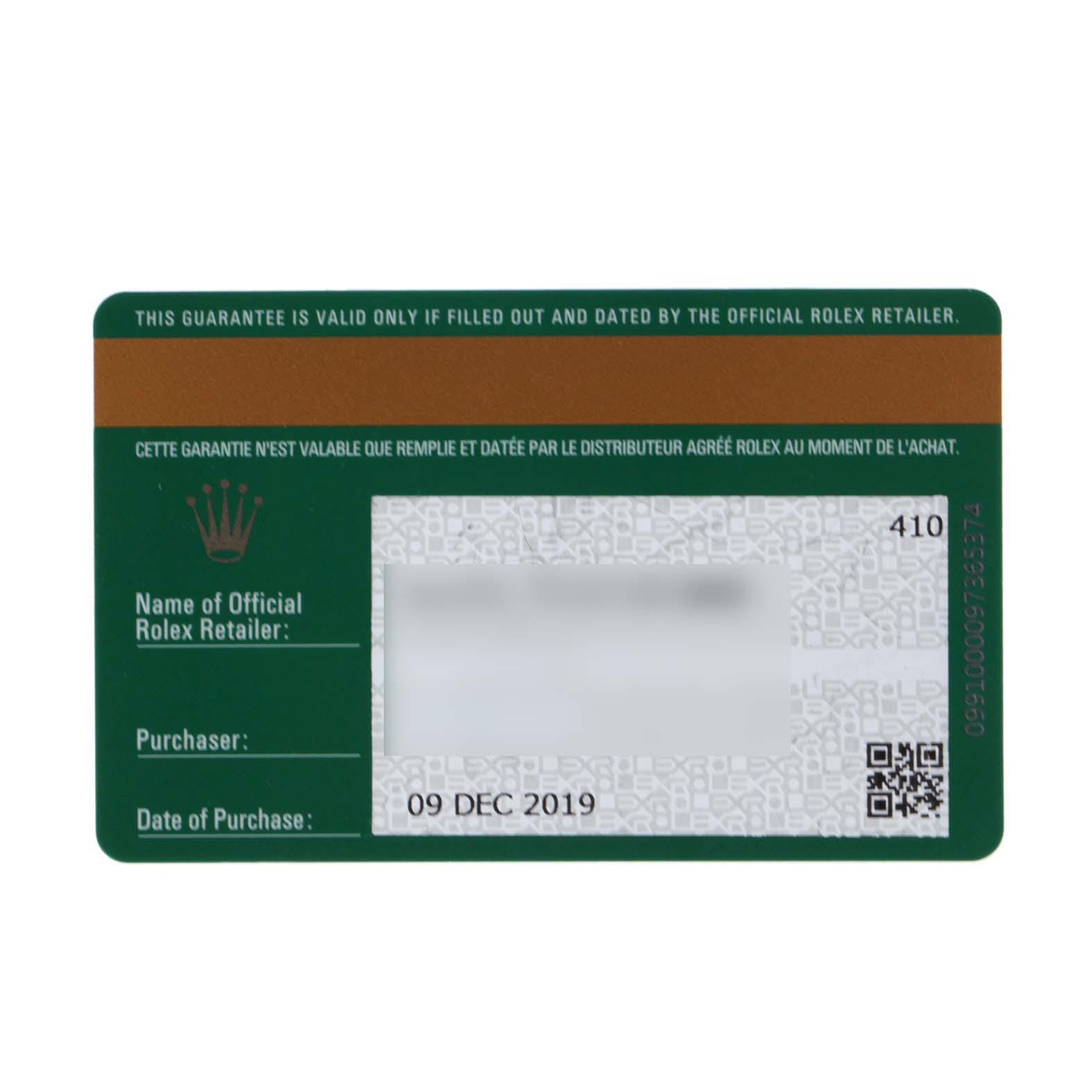 This image shows the warranty card for the Rolex Yacht-Master 126622 Men
s Stainless Steel Grey Dial 126622 Men
s Stainless Steel Grey Dial watch model, including fields for retailer, purchaser, and purchase date.