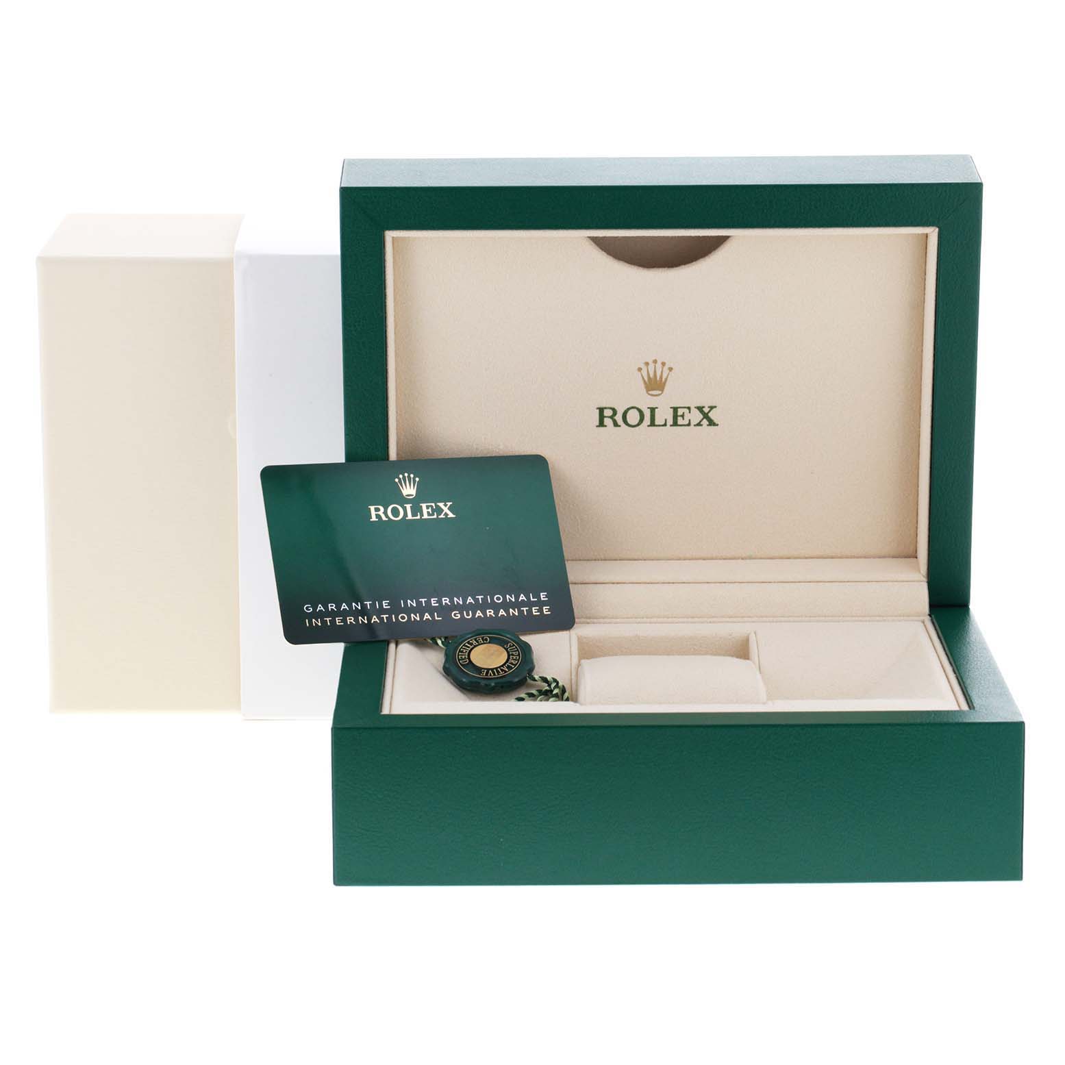 The image shows the open box and warranty card for a Rolex Yacht-Master 126622 Men
s Stainless Steel Grey Dial 126622 Men
s Stainless Steel Grey Dial watch, with compartments visible.