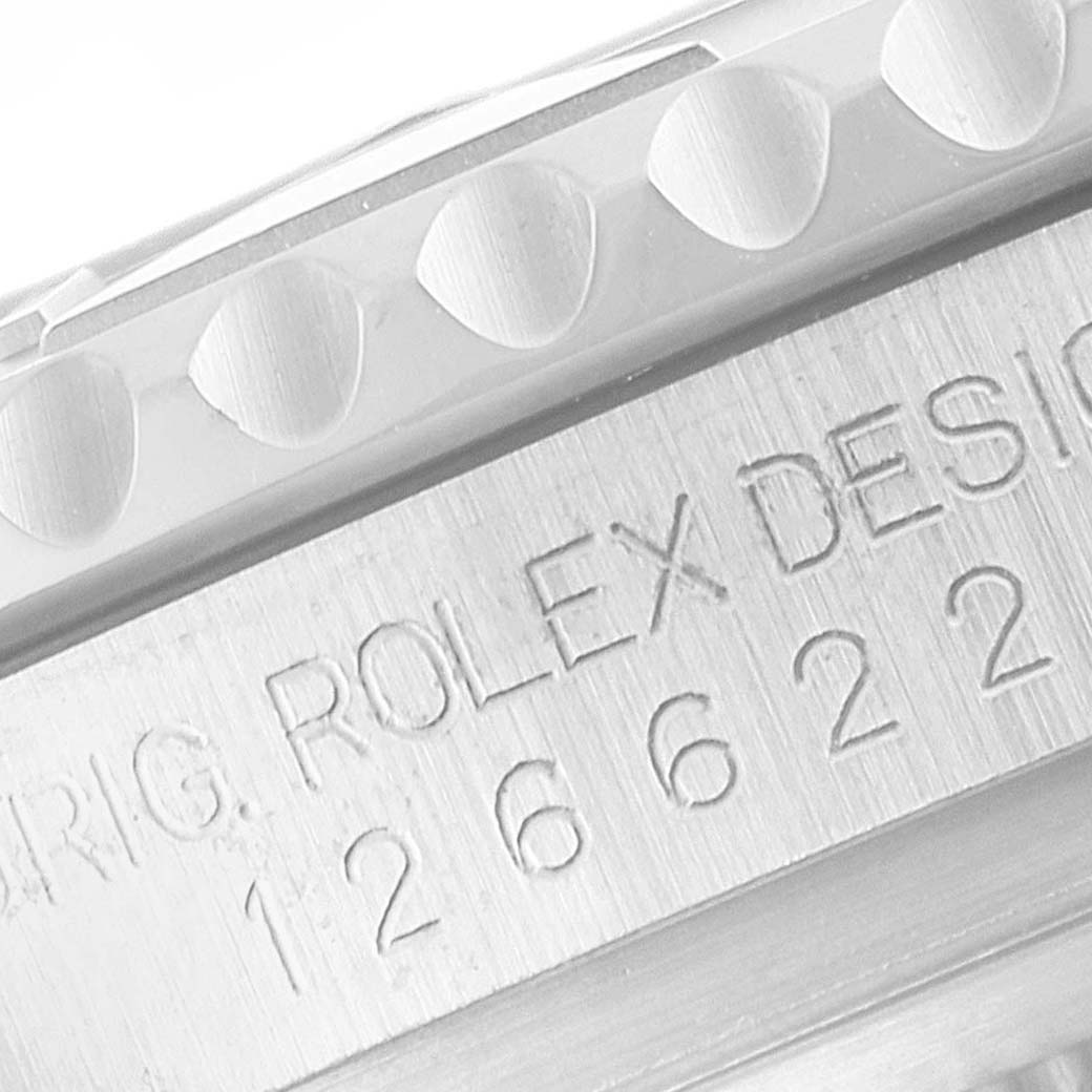 The image shows a close-up of the Rolex Yacht-Master 126622 Men
s Stainless Steel Grey Dial 126622 Men
s Stainless Steel Grey Dial model
s case side, revealing the bezel edge and engraved model number.