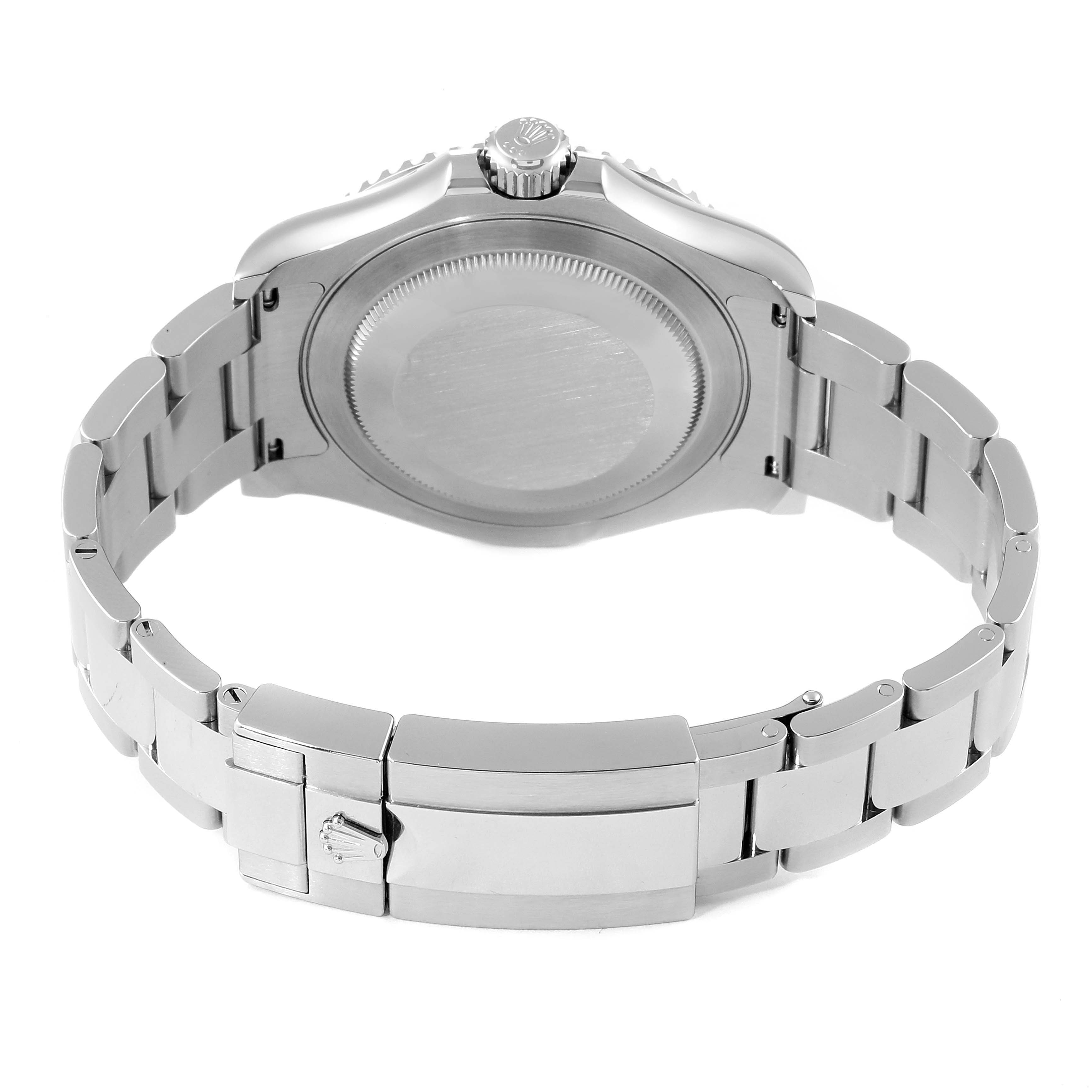 The image shows the back case and clasp of the Rolex Yacht-Master 126622 Men
s Stainless Steel Grey Dial 126622 Men
s Stainless Steel Grey Dial watch from an overhead angle.