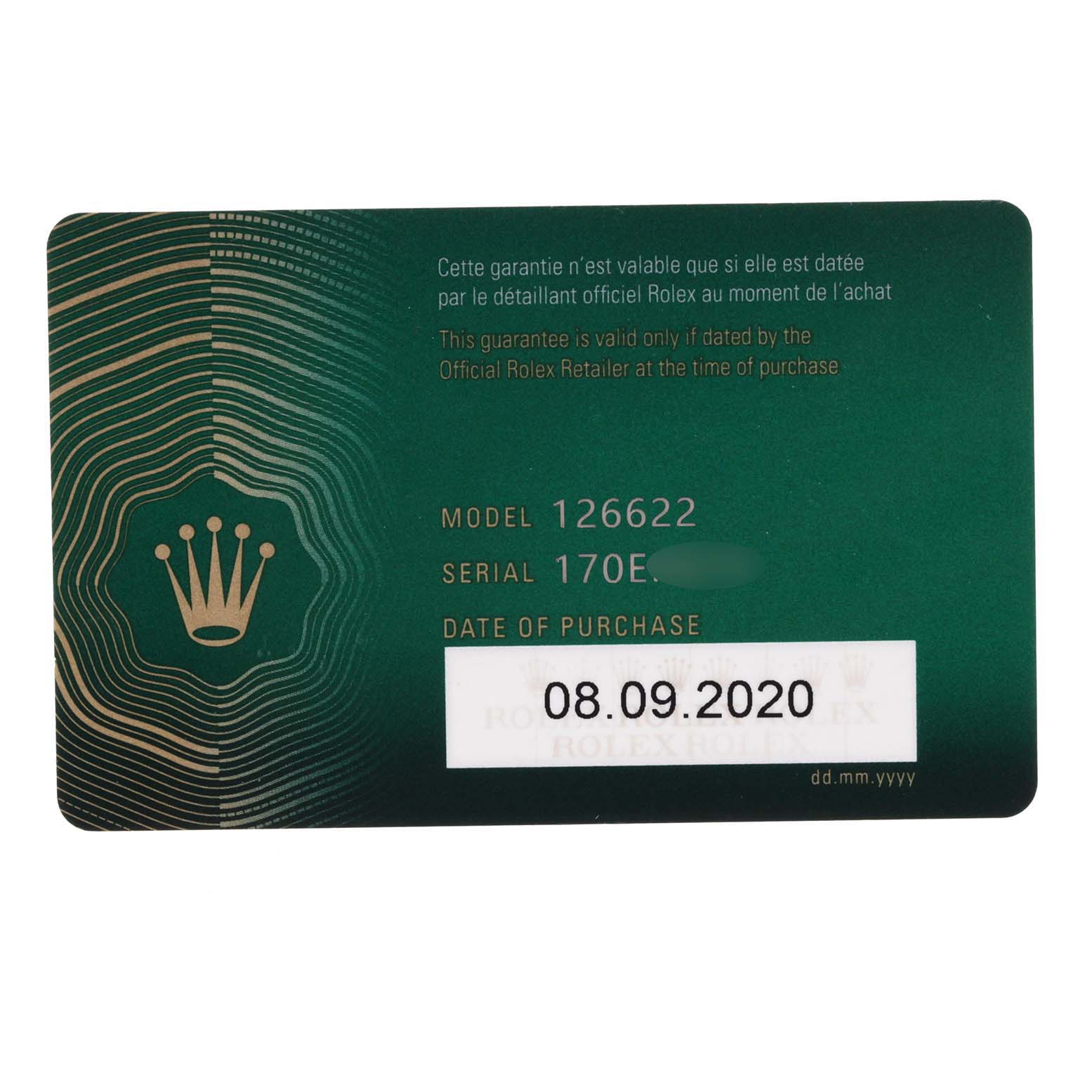 This is a close-up of the guarantee card for the Rolex Yacht-Master 126622 Men
s Stainless Steel Grey Dial 126622 Men
s Stainless Steel Grey Dial model 126622.