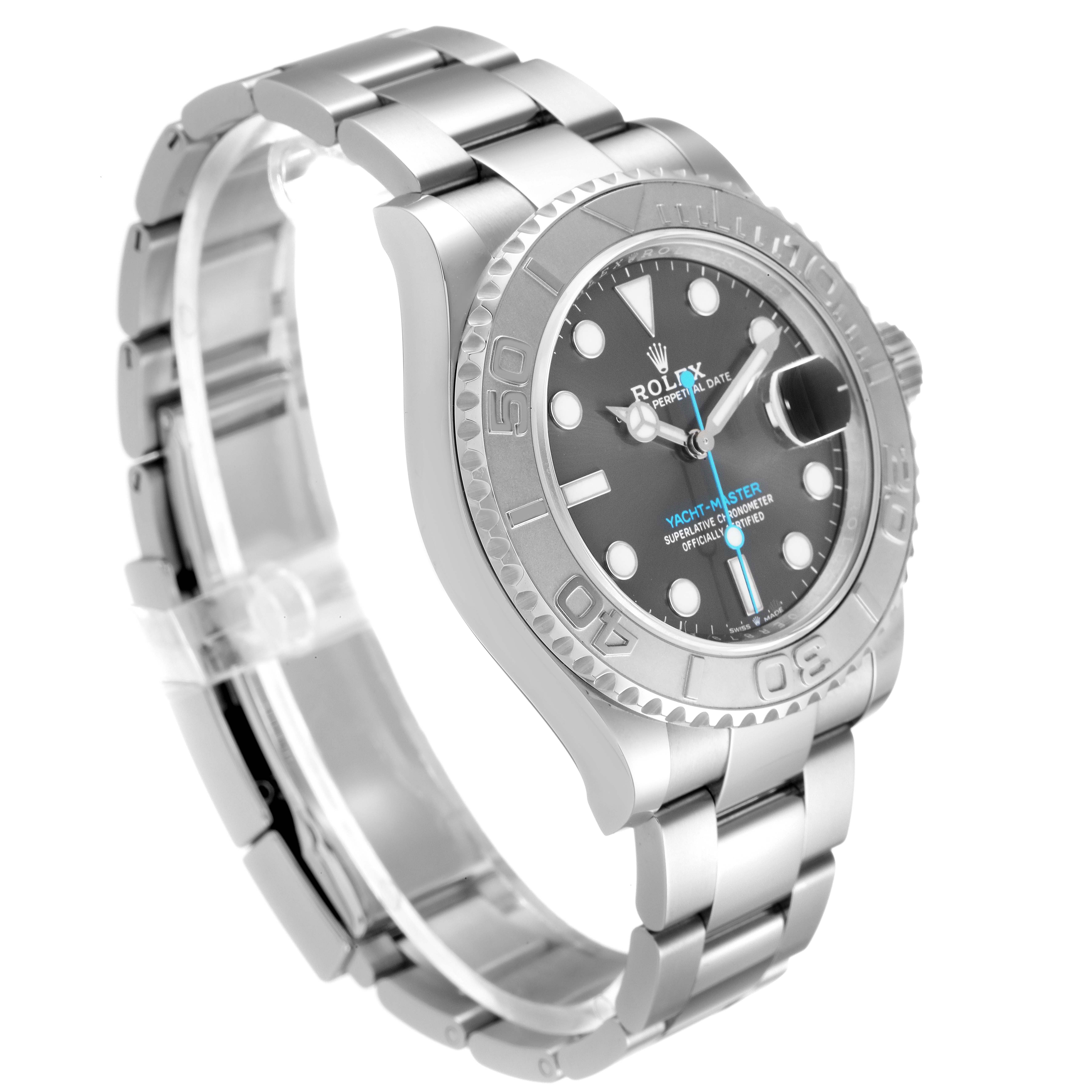 The image shows a side angle of a Rolex Yacht-Master 126622 Men
s Stainless Steel Grey Dial 126622 Men
s Stainless Steel Grey Dial watch, highlighting the dial, bezel, and metal bracelet.