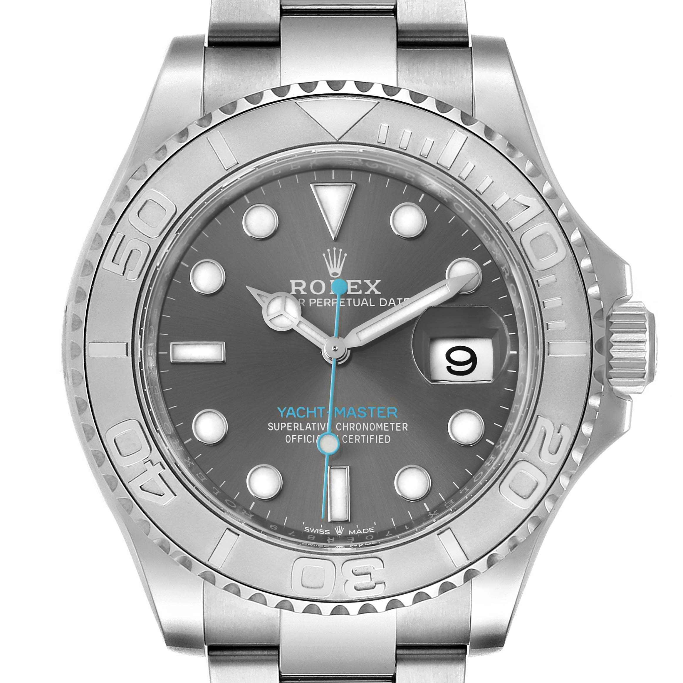 This Rolex Yacht-Master 126622 Men
s Stainless Steel Grey Dial 126622 Men
s Stainless Steel Grey Dial watch is shown from a front angle, highlighting the dial, bezel, bracelet, and crown.