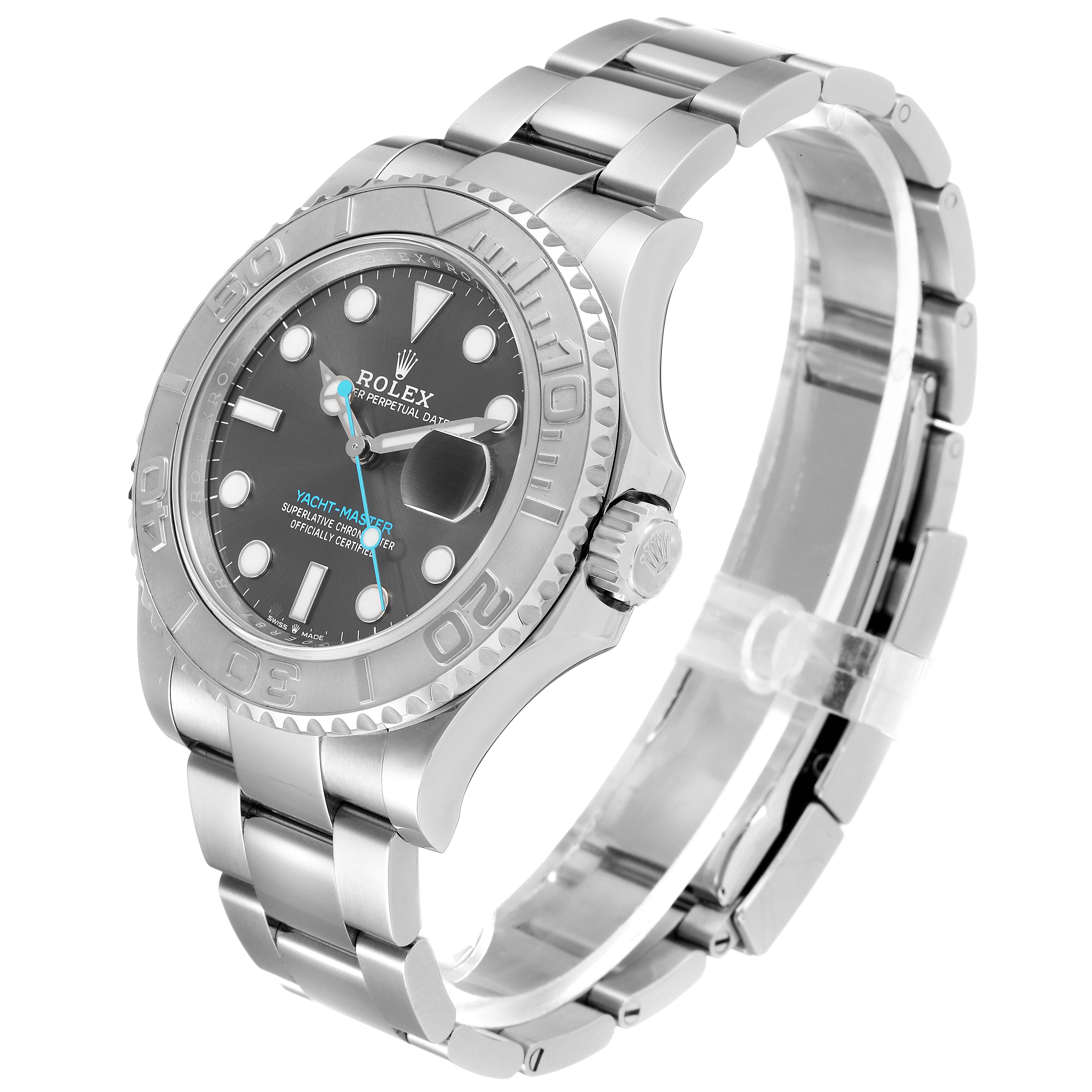 This image shows a side angle of the Rolex Yacht-Master 126622 Men
s Stainless Steel Grey Dial 126622 Men
s Stainless Steel Grey Dial, highlighting the face, bezel, crown, and bracelet.