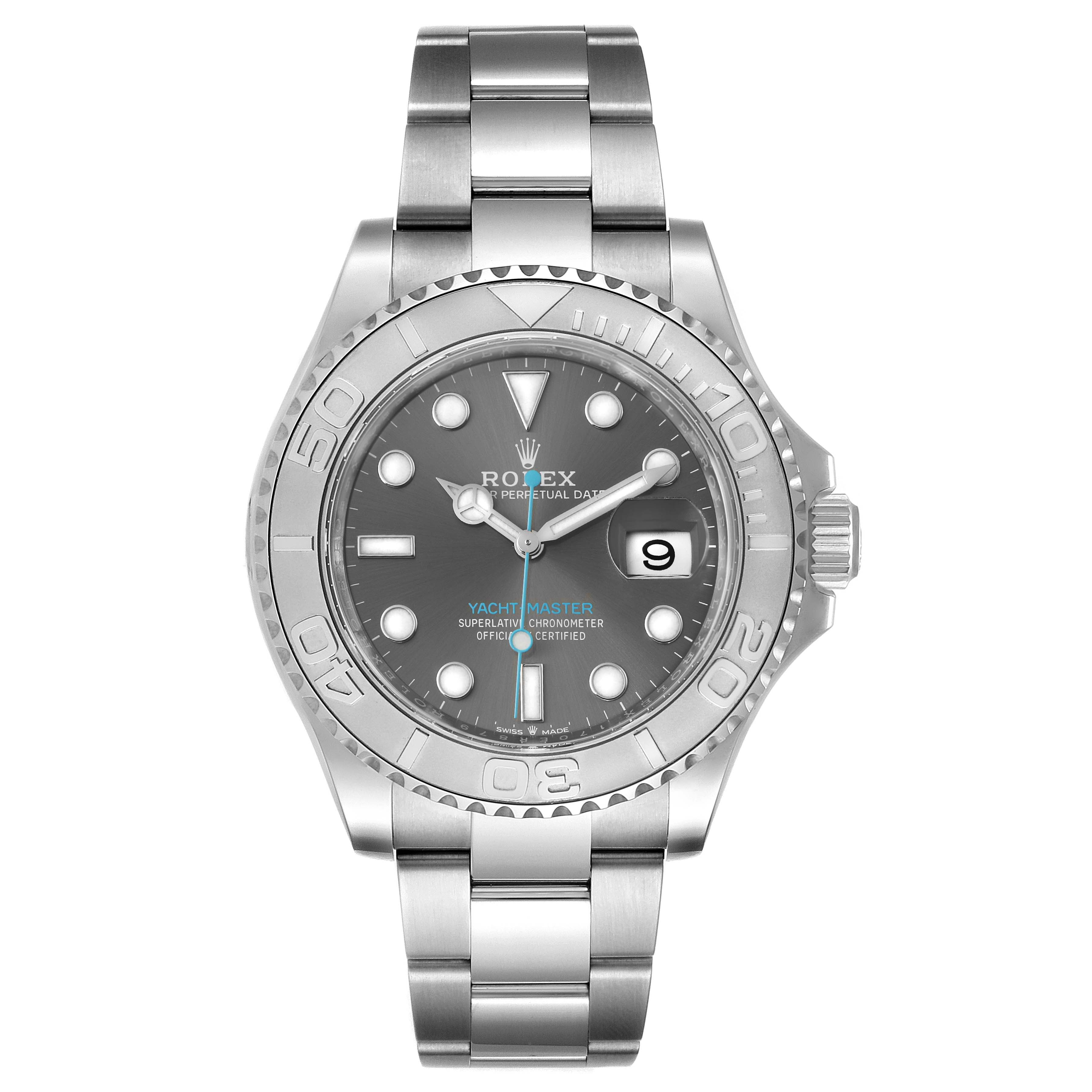 The Rolex Yacht-Master 126622 Men
s Stainless Steel Grey Dial 126622 Men
s Stainless Steel Grey Dial watch is shown from the front, displaying its face, bezel, and bracelet.
