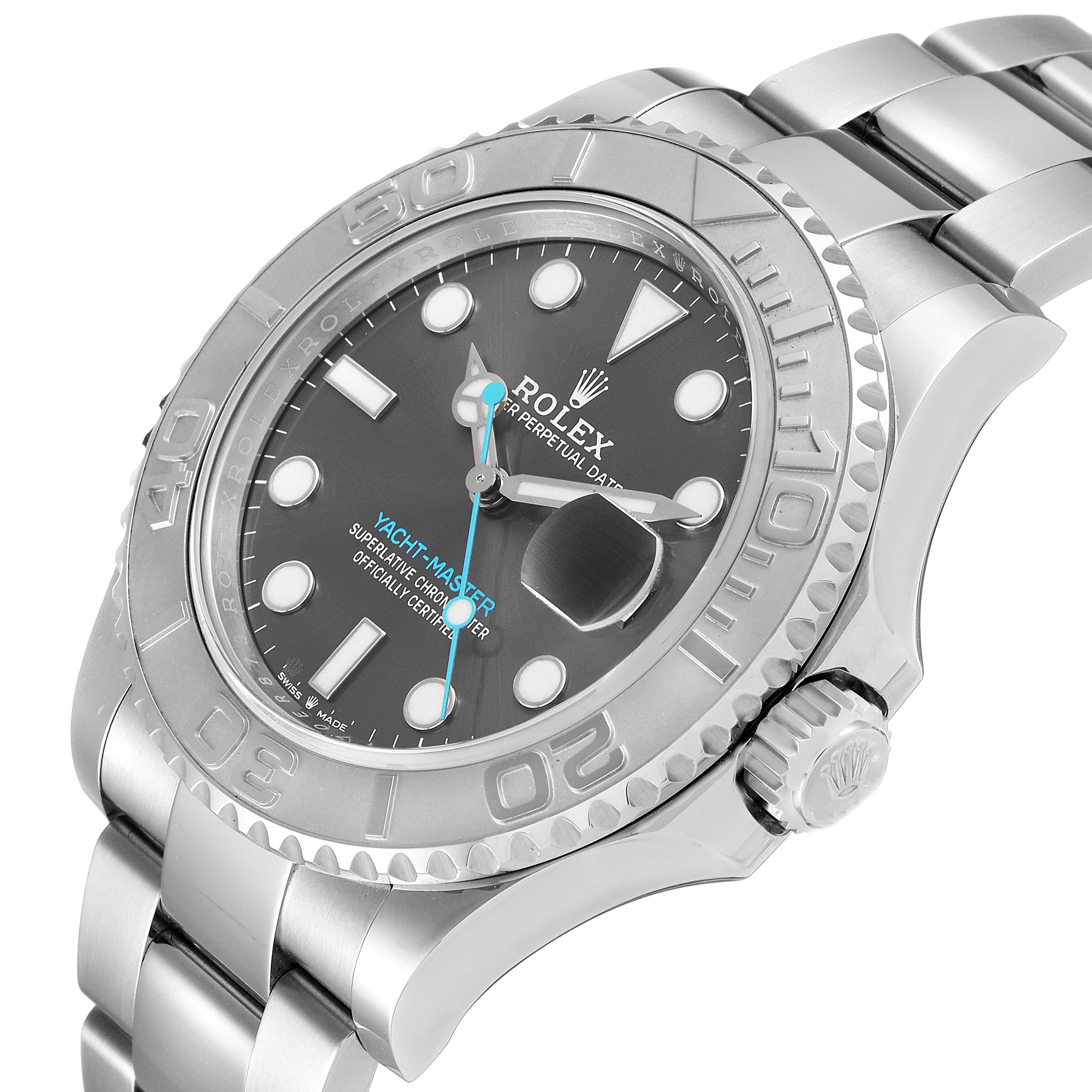The image shows a Rolex Yacht-Master 126622 Men
s Stainless Steel Grey Dial 126622 Men
s Stainless Steel Grey Dial watch from an angled view, highlighting the face, bezel, crown, and bracelet.