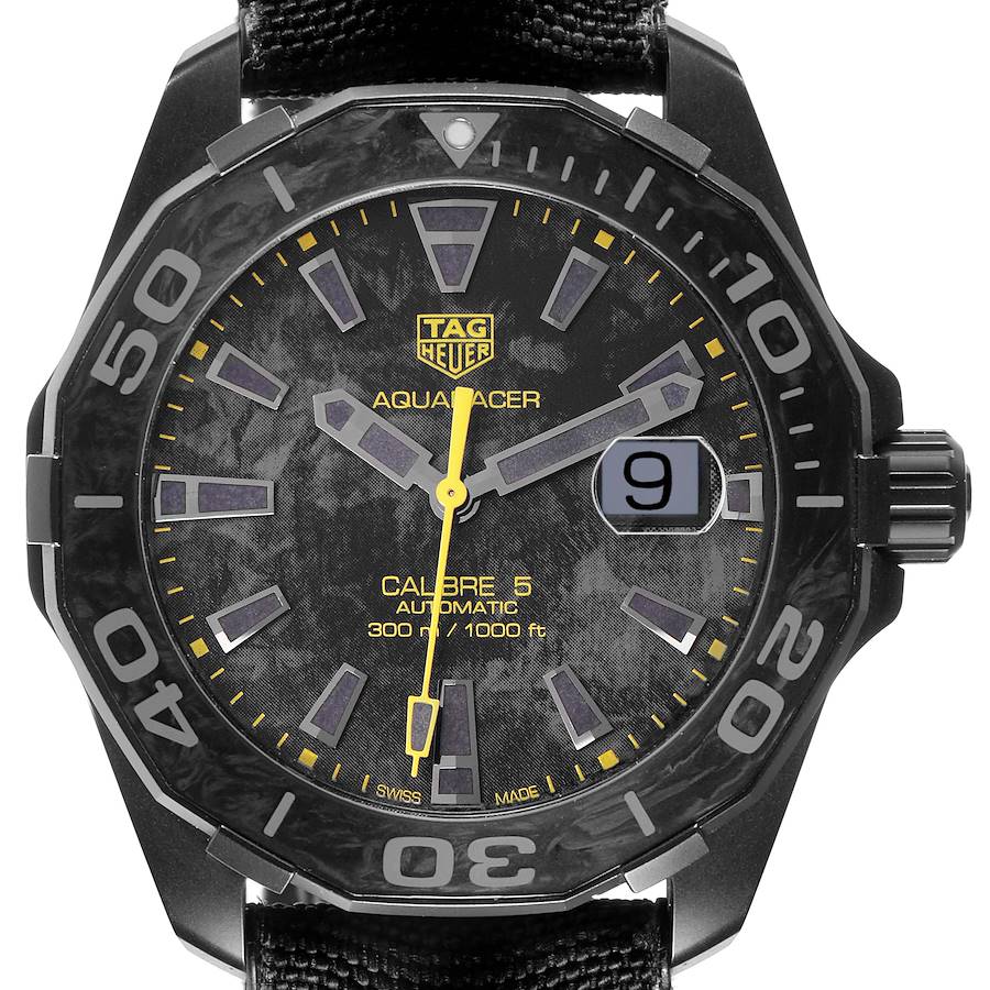 The Tag Heuer Aquaracer watch is shown from the front, displaying the dial, bezel, and crown.