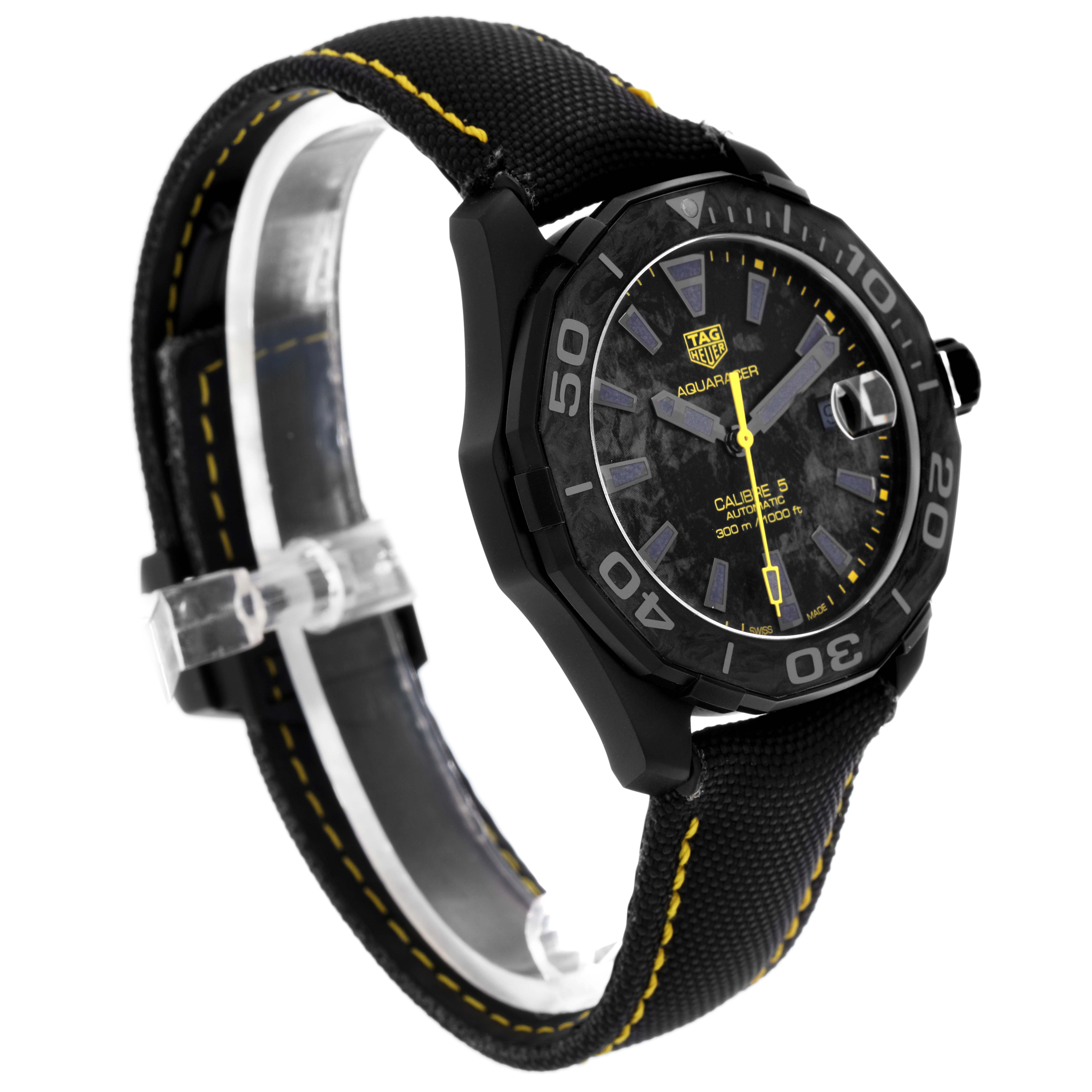 The Tag Heuer Aquaracer WBD218B.FC6446 Men
s Titanium Black Dial WBD218B.FC6446 Men
s Titanium Black Dial watch is shown at a three-quarter angle, displaying the face, bezel, and part of the strap.