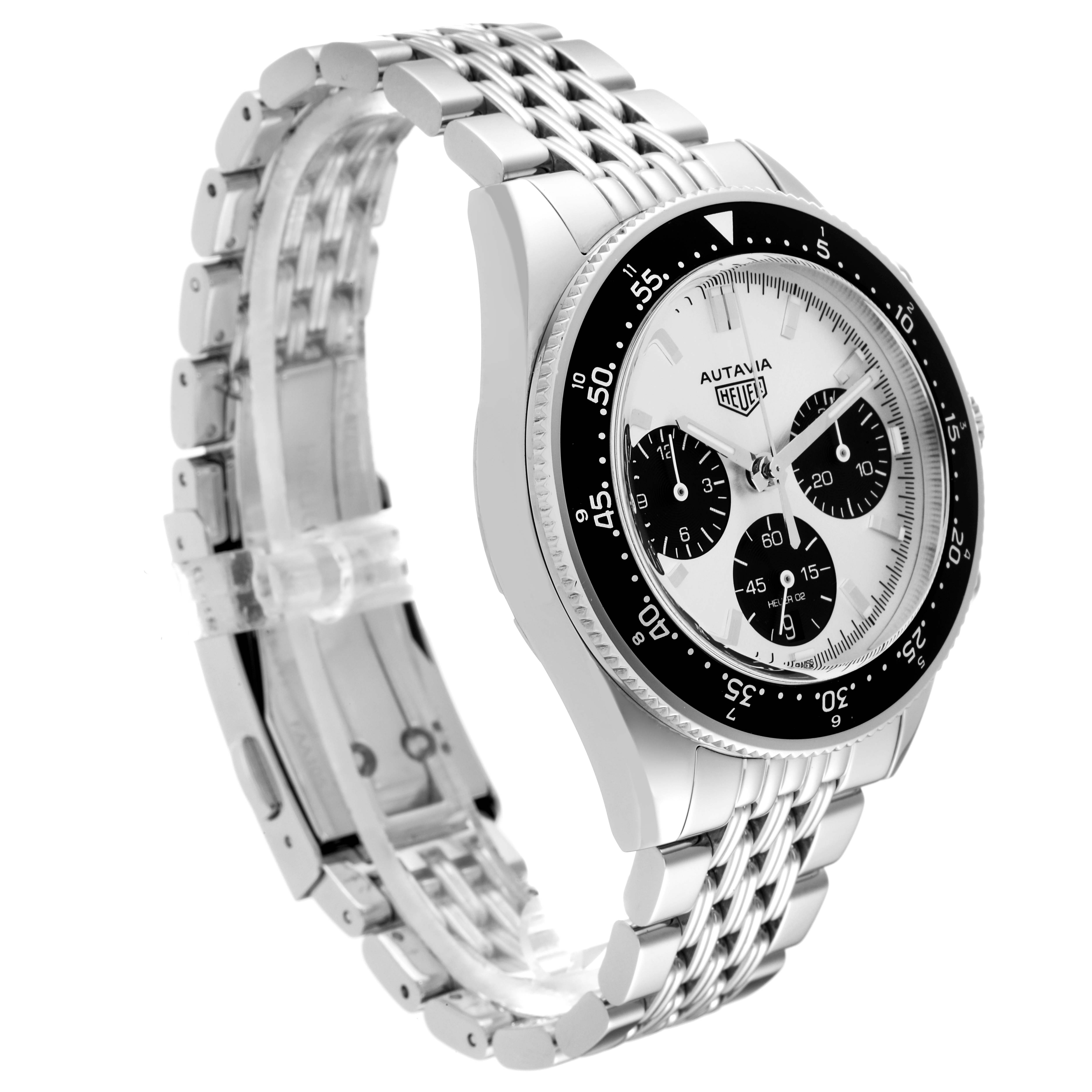 The image shows a side angle of the Tag Heuer Autavia CBE2111.BA0687 Men
s Stainless Steel Silver Dial CBE2111.BA0687 Men
s Stainless Steel Silver Dial Limited Edition watch, highlighting its bracelet, bezel, and face.