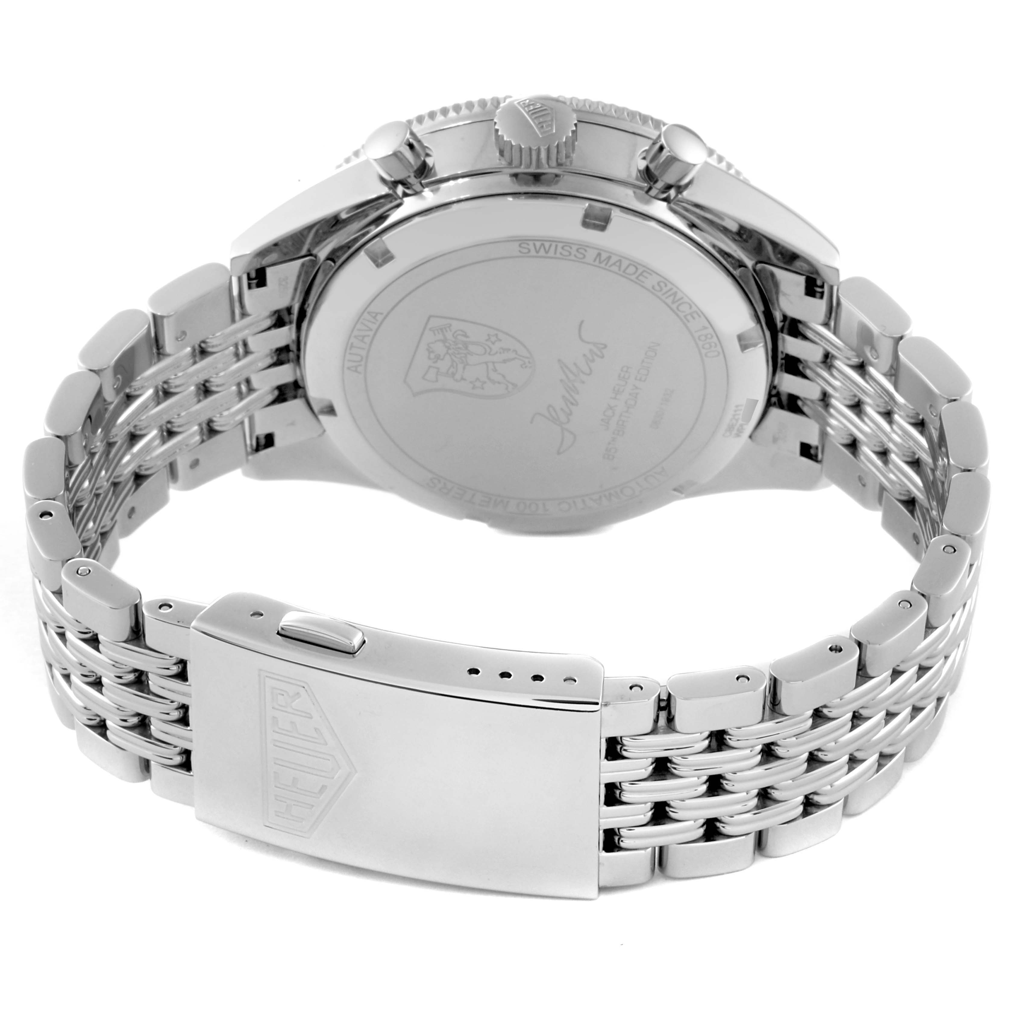 The image shows the back view of a Tag Heuer Limited Edition watch with its clasp and bracelet visible.