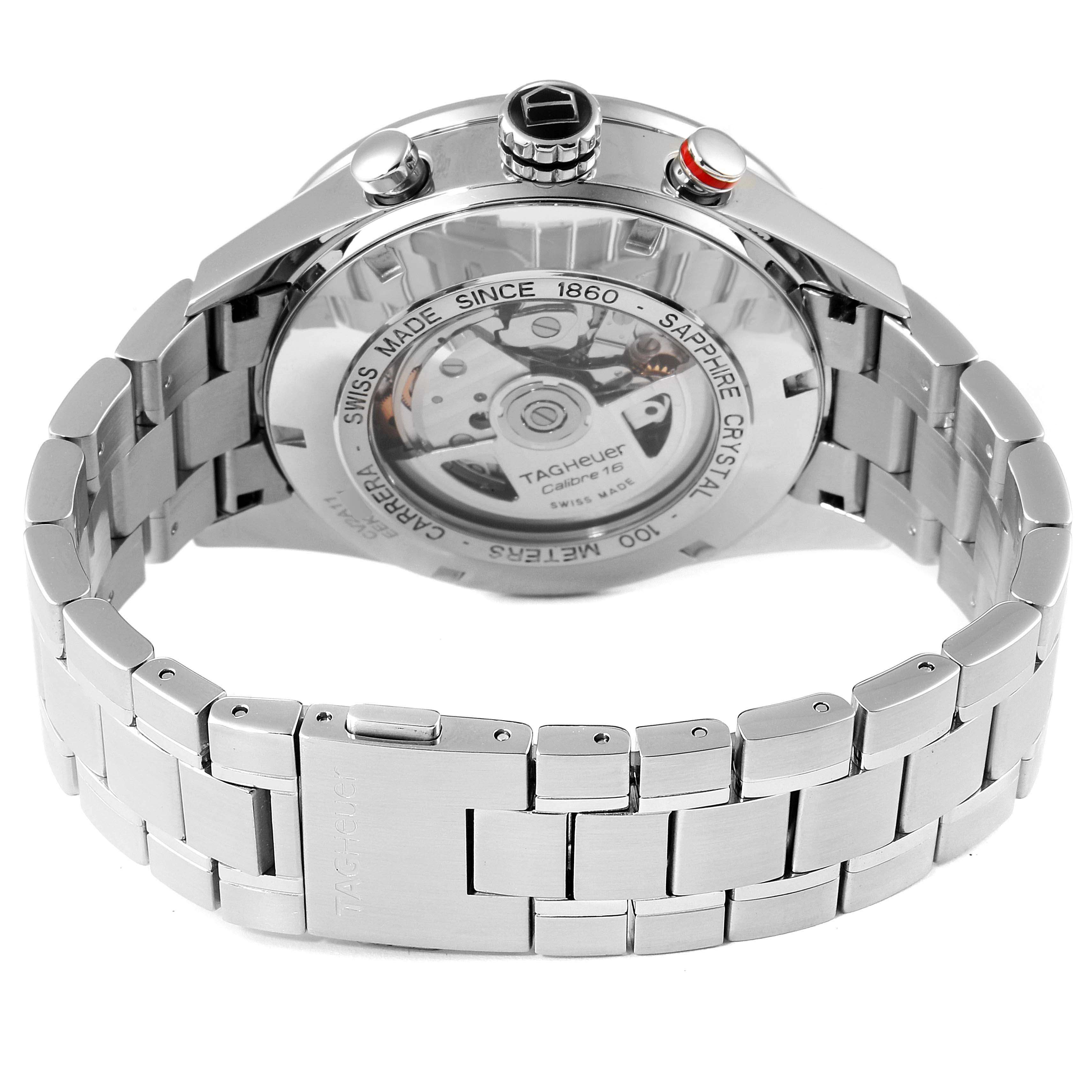 The image shows the back view of the Tag Heuer Carrera CV2A11 Men's Stainless Steel Silver Dial CV2A11 Men's Stainless Steel Silver Dial watch, highlighting its stainless steel bracelet and exhibition caseback.