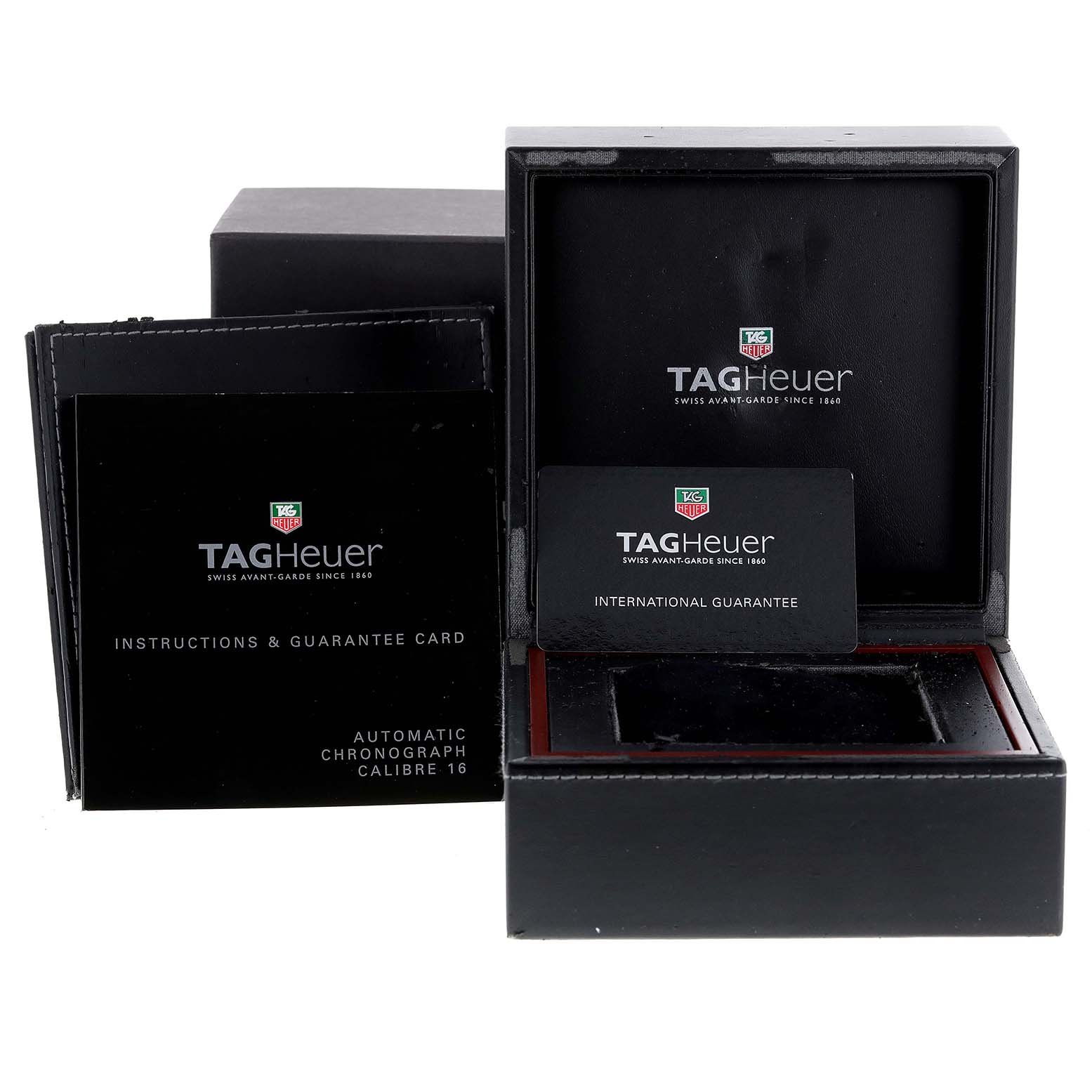 The image shows a Tag Heuer Carrera CV2A11 Men's Stainless Steel Silver Dial CV2A11 Men's Stainless Steel Silver Dial model watch box, instructions, and guarantee cards, viewed from the front.