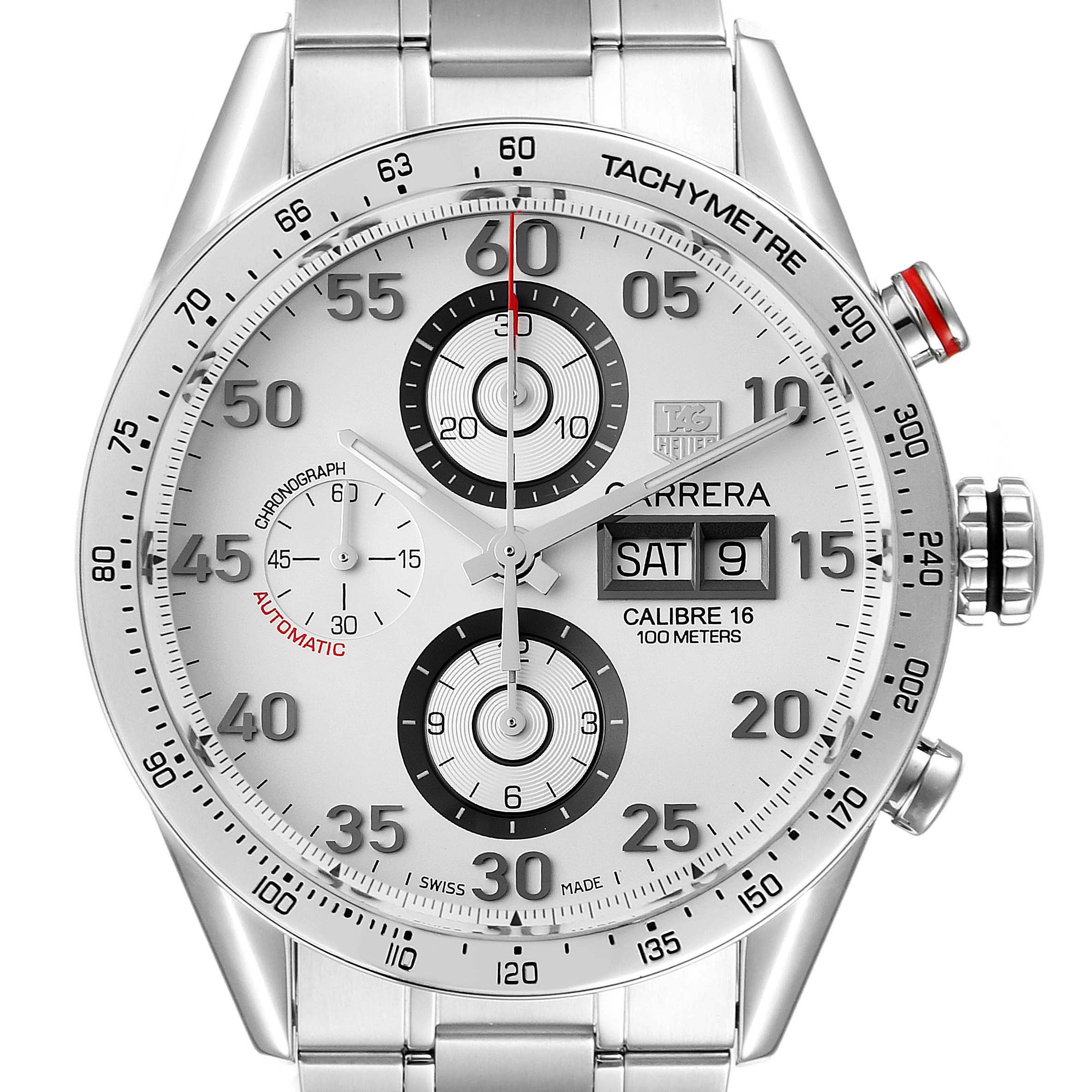 The image shows a front view of the Tag Heuer Carrera CV2A11 Men's Stainless Steel Silver Dial CV2A11 Men's Stainless Steel Silver Dial watch, highlighting the face, tachymeter, chronograph dials, and date window.